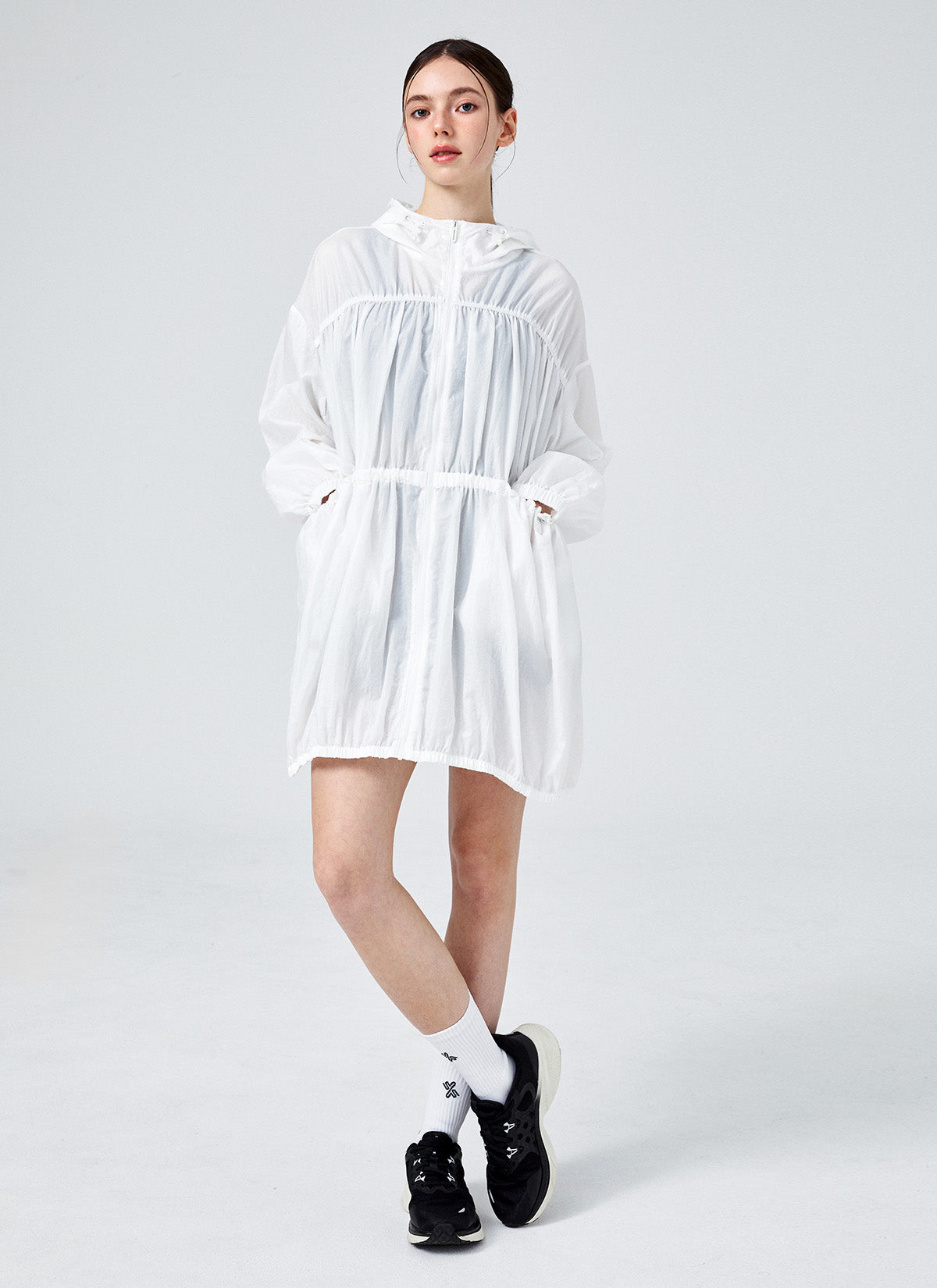 Stylish Airy Balloon Shirring Hood Long Jacket for Women - Lightweight Outerwear for Spring & Fall - Perfect for Casual Outings, Travel, and Layering