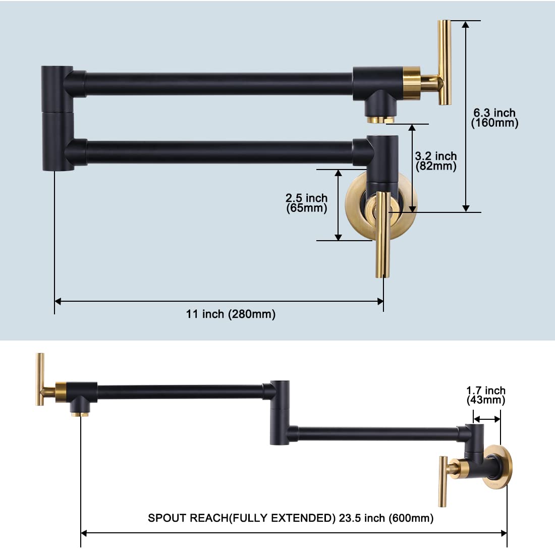 Premium Solid Brass Wall Mount Pot Filler Faucet - Black & Gold Commercial Kitchen Faucet with Stretchable Double Joint Swing Arm for Stove & Sink - Ideal for Restaurants, Home Kitchens & Cooking Enthusiasts