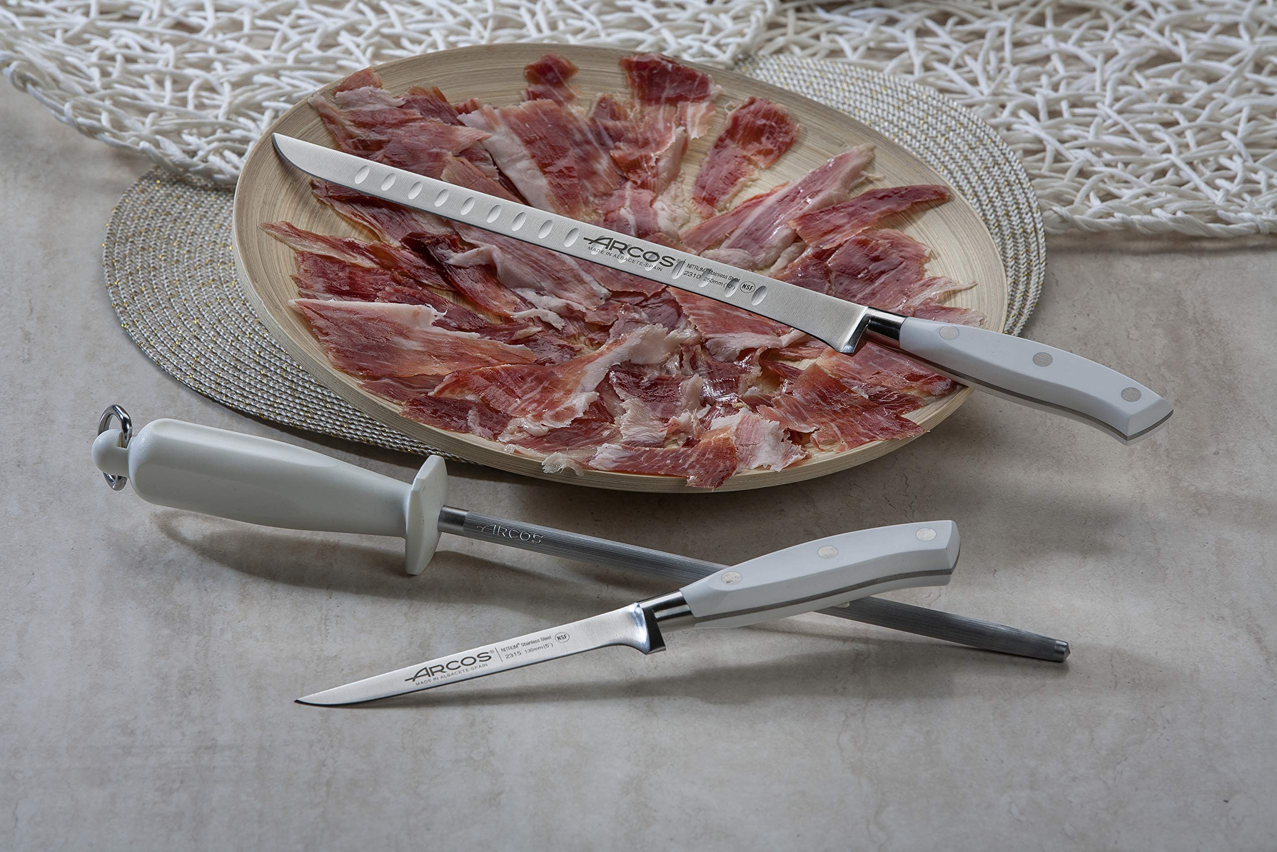 **Arcos Forged 3-Piece Slicing Knife Set - Professional Nitrum Stainless Steel Kitchen Knives with Ergonomic POM Handle, 755g, Riviera Blanc Series, White - Perfect for Slicing Meat, Vegetables & Fruits**