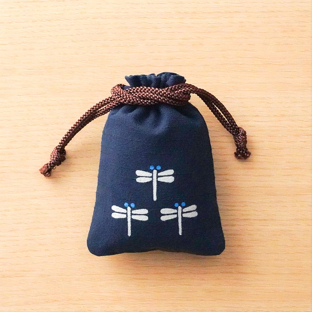 Katazome Small Talisman Bag - Dragonfly Design Drawstring Pouch | Japanese Traditional Craft Bag for Good Luck Charms, Jewelry & Keepsakes