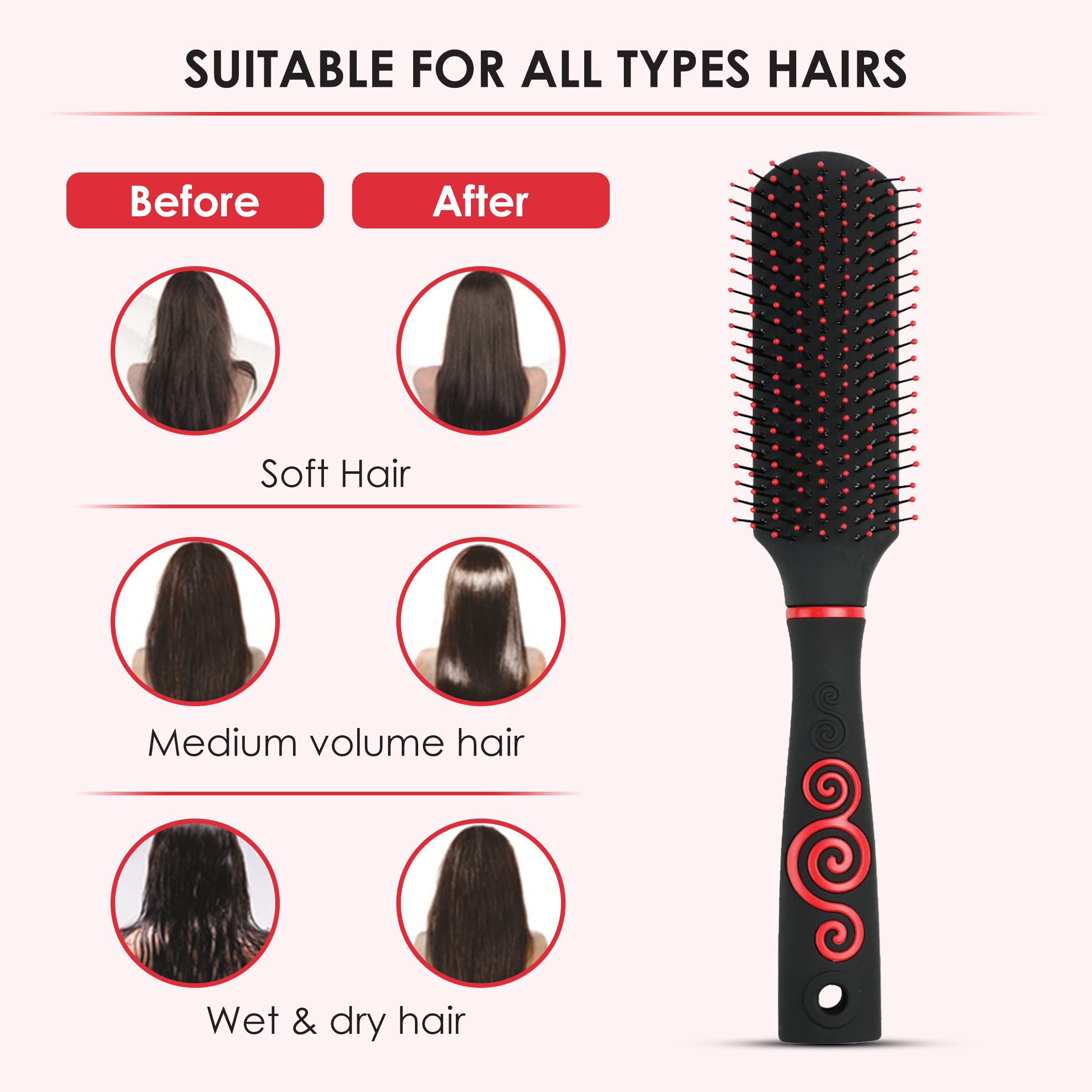 Agaro Royal Flat Hair Brush with Strong Flexible Nylon Bristles & Anti-Static Tips - Volumizing & Detangling Brush for Men & Women (Black/Red) - Perfect for Styling, Smoothing & Back Brushing at Home or Salon
