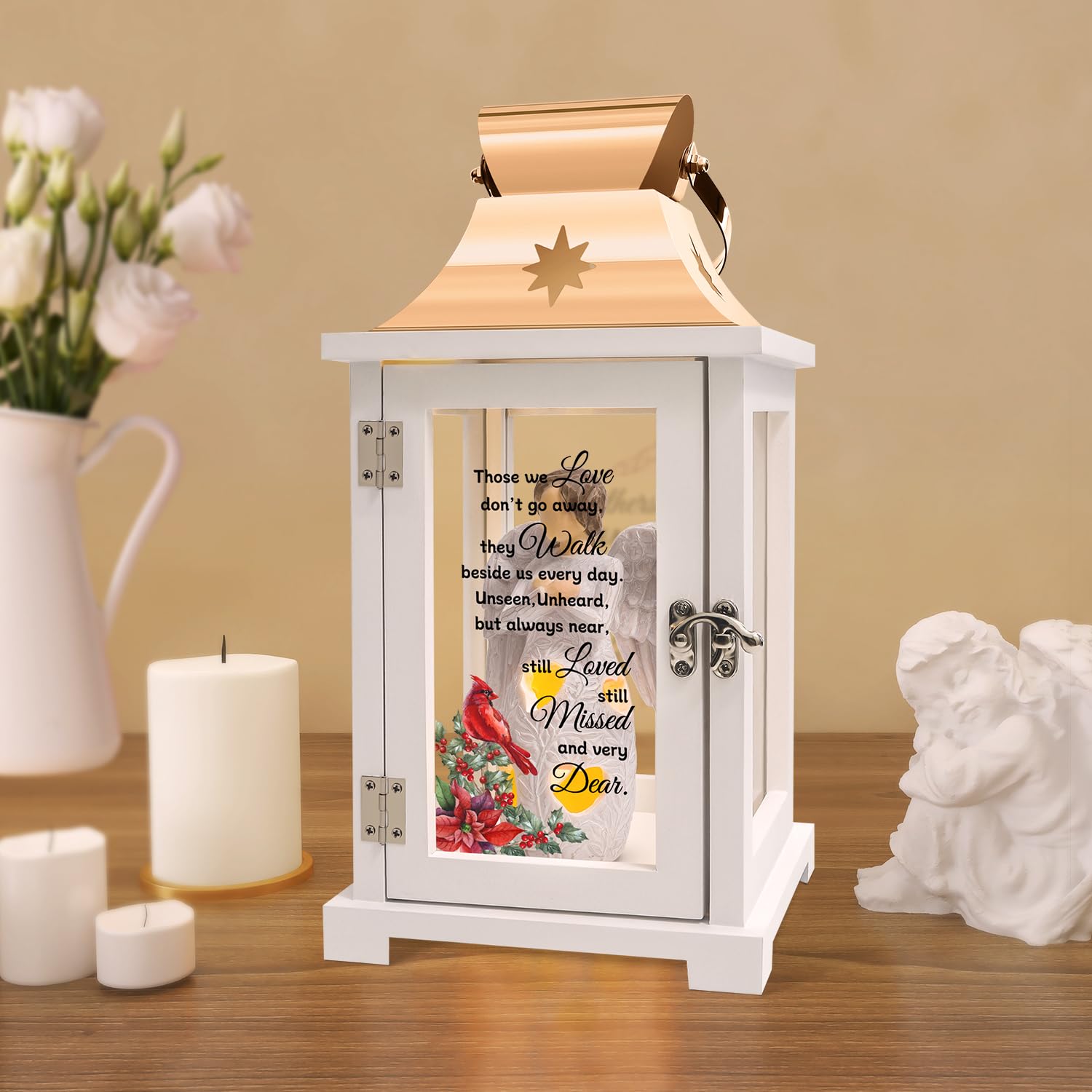 Memorial Lantern for Loved Ones - Bereavement Angel & Cardinal Sympathy Gift for Loss of Father, Mother or Family - Funeral Remembrance Candle Holder for Home Memorials, Graveside Tributes & Healing Ceremonies