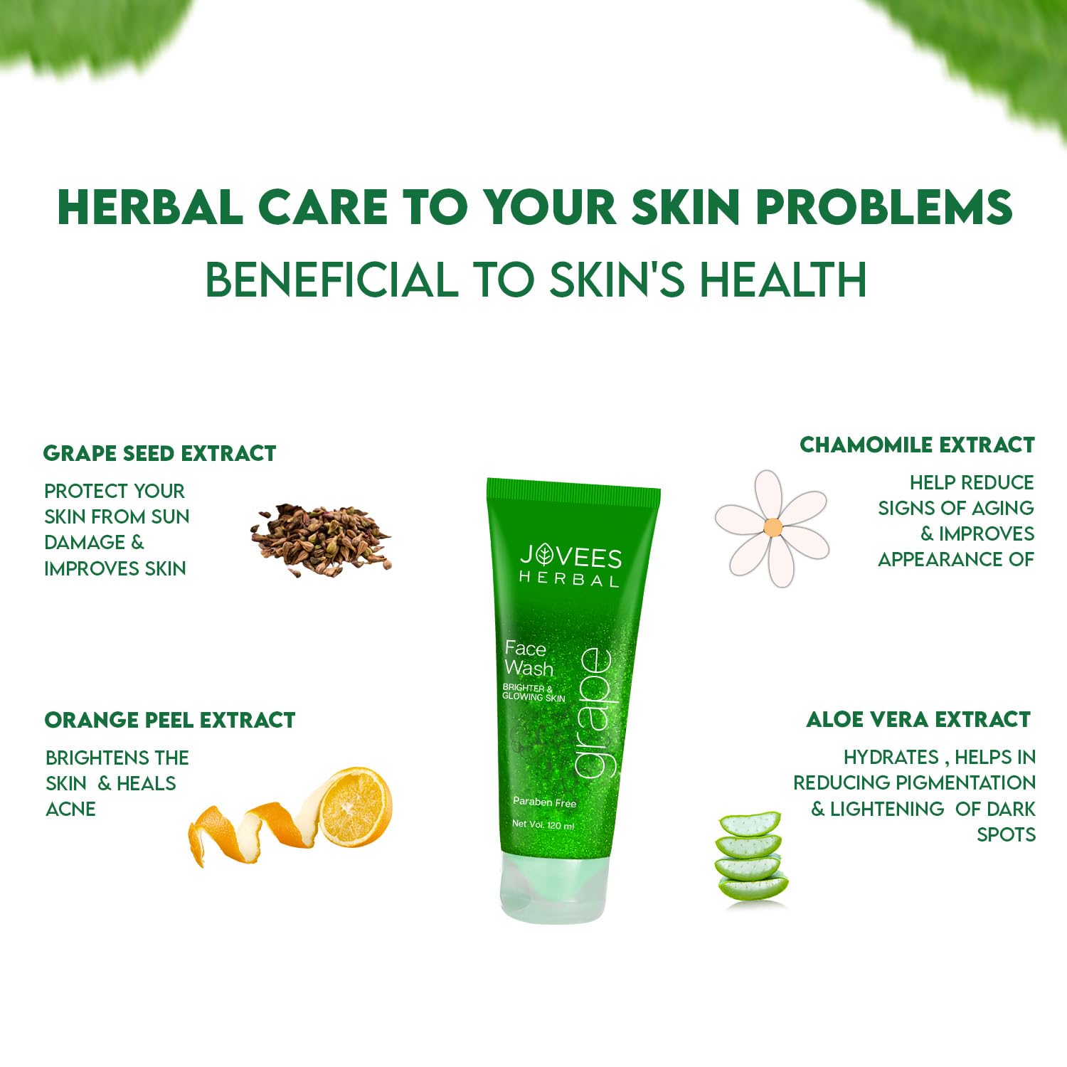 Jovees Herbal Grape Face Wash with Grape Seed & Orange Peel Extracts - Brightening & Glowing Skin Care | Reduces Uneven Skin Tone & Fine Lines | All Skin Types | 120ml (Pack of 2) | Perfect for Daily Cleansing & Anti-Aging Routine