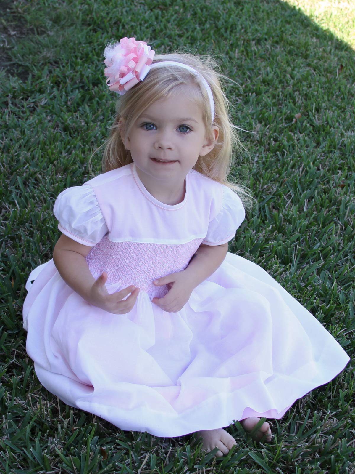 Elegant White and Pink Girls Easter Dress - Hand-Smocked Short Sleeves for Spring Celebrations & Family Photos