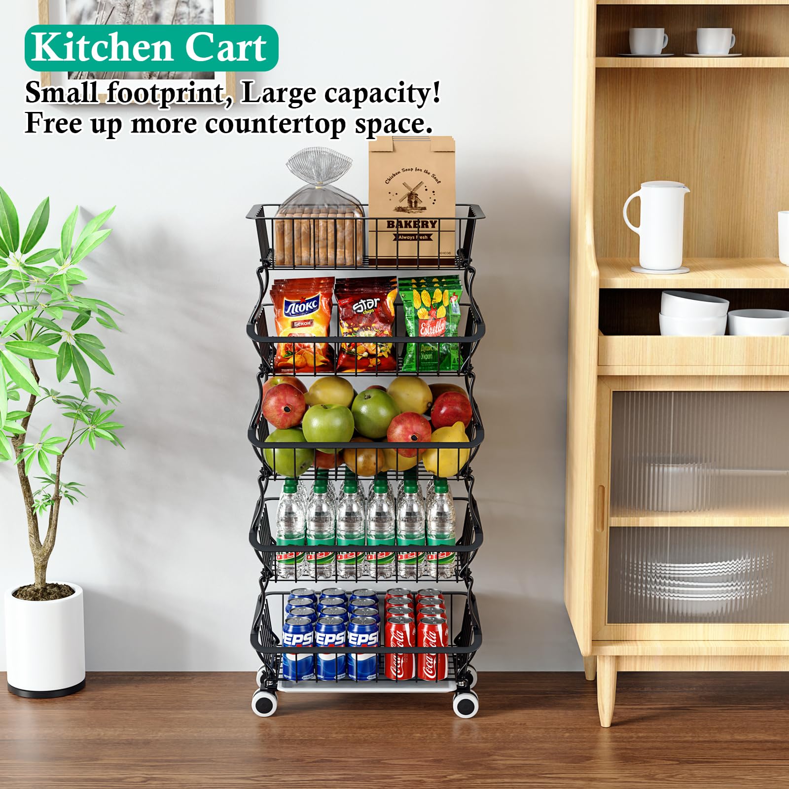 5-Tier Stackable Wire Fruit Basket with Wheels - Kitchen Pantry Organizer for Fruits, Vegetables, Onions & Potatoes - Space-Saving Food Storage Cart for Home, Restaurant or Grocery Store