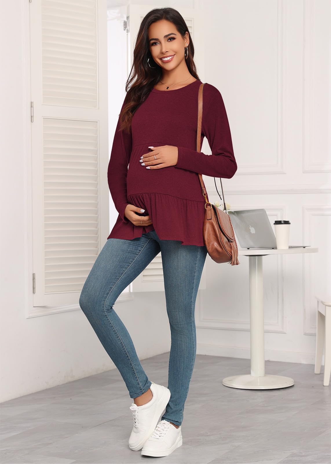 Xpenyo Women's Maternity Tops - Long Sleeve Pregnancy Shirts, Casual Tunic Blouse with Crew Neck, Fall 2024 Fashion for Expecting Moms - Perfect for Work, Dates & Everyday Comfort