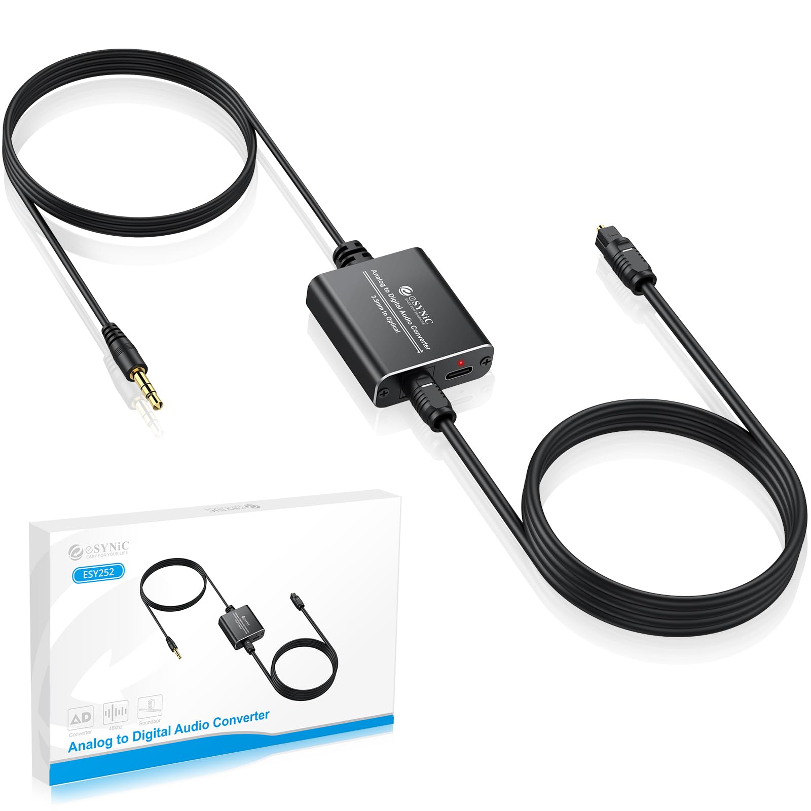 eSynic Analog to Digital Audio Converter - 3.5mm to Optical Adapter, Aux to SPDIF Converter with Alloy Shell for Laptop, Soundbar, TV, Home Theater (Supports PCM Audio Output) - Perfect for Home Entertainment & Gaming Systems