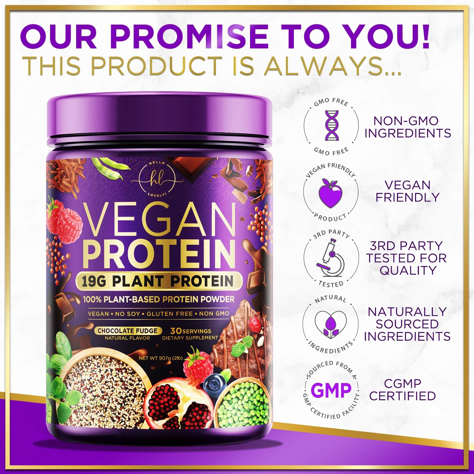 Organic Vegan Protein Powder - Chocolate Fudge Flavor | 100% Plant-Based Protein with 3.4g BCAAs | Dairy-Free, Gluten-Free, Non-GMO | Easy Digesting for Women & Men | 2lb (30 Servings) | Perfect for Post-Workout Recovery & Meal Replacement