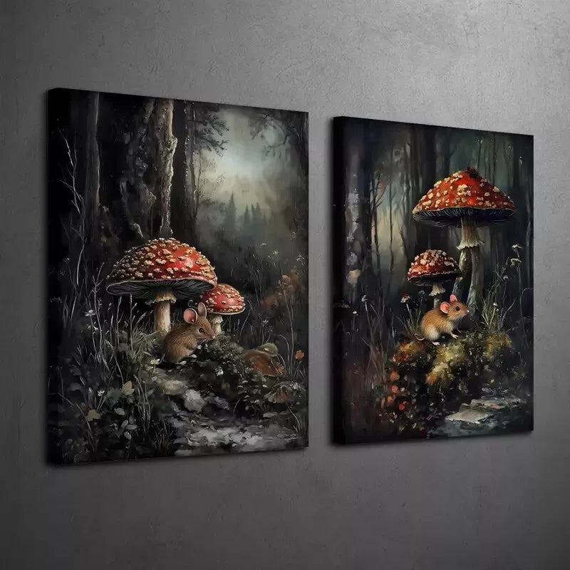 2-Piece Enchanted Forest Mural Wall Art Set - 50x75cm Framed Canvas Prints with Mushrooms & Floral Rat Design | High Quality Australian Made Home Decor | Perfect for Living Room, Bedroom & Nursery Decorations