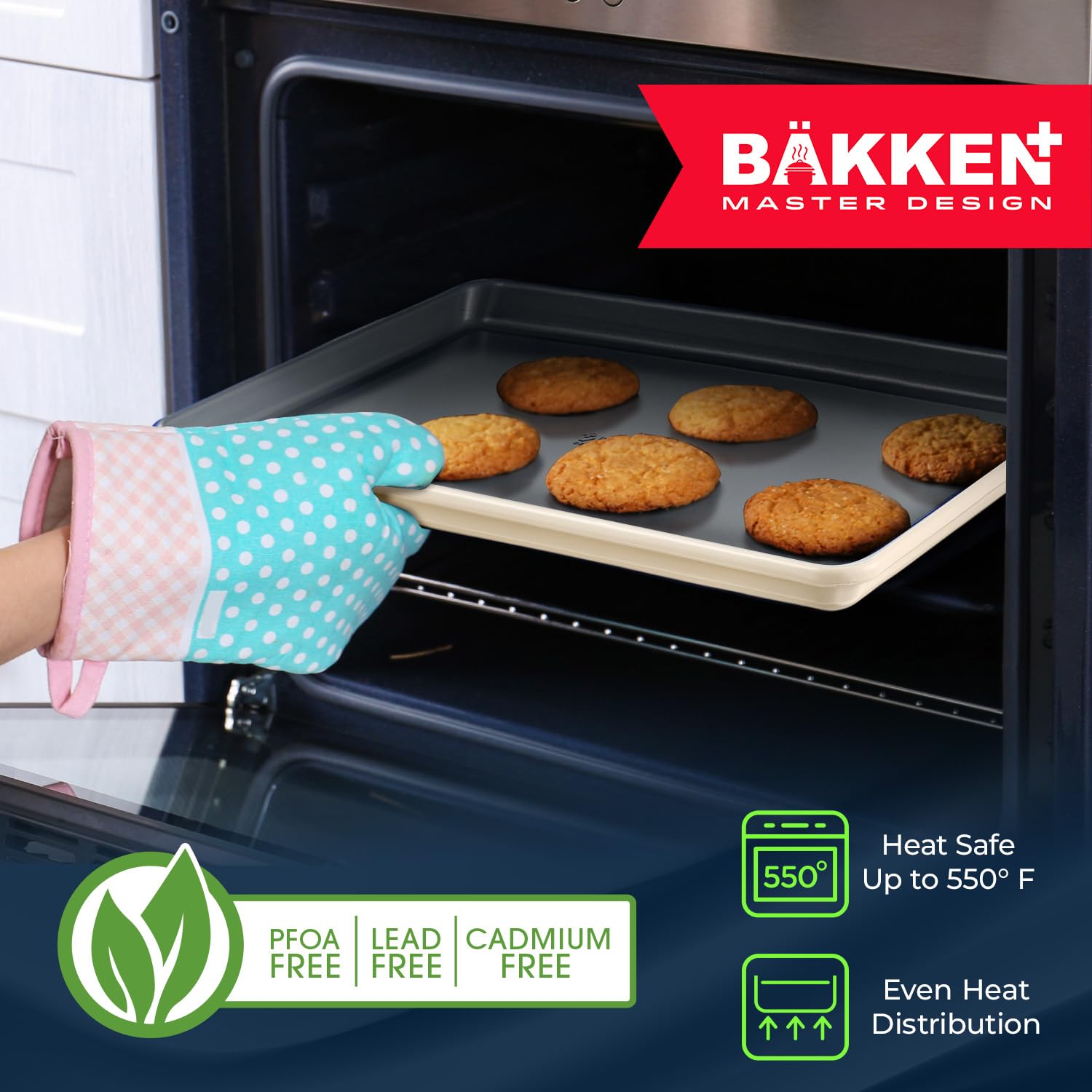 Bakken 8-Piece Stackable Bakeware Set - Non-Stick Ceramic Baking Sheets & Pans, PTFE/PFOA/PFOS Free - Oven Safe, Ergonomic Handles with Cooling Rack for Healthy Baking - Perfect for Cookies, Cakes, Bread & Party Desserts
