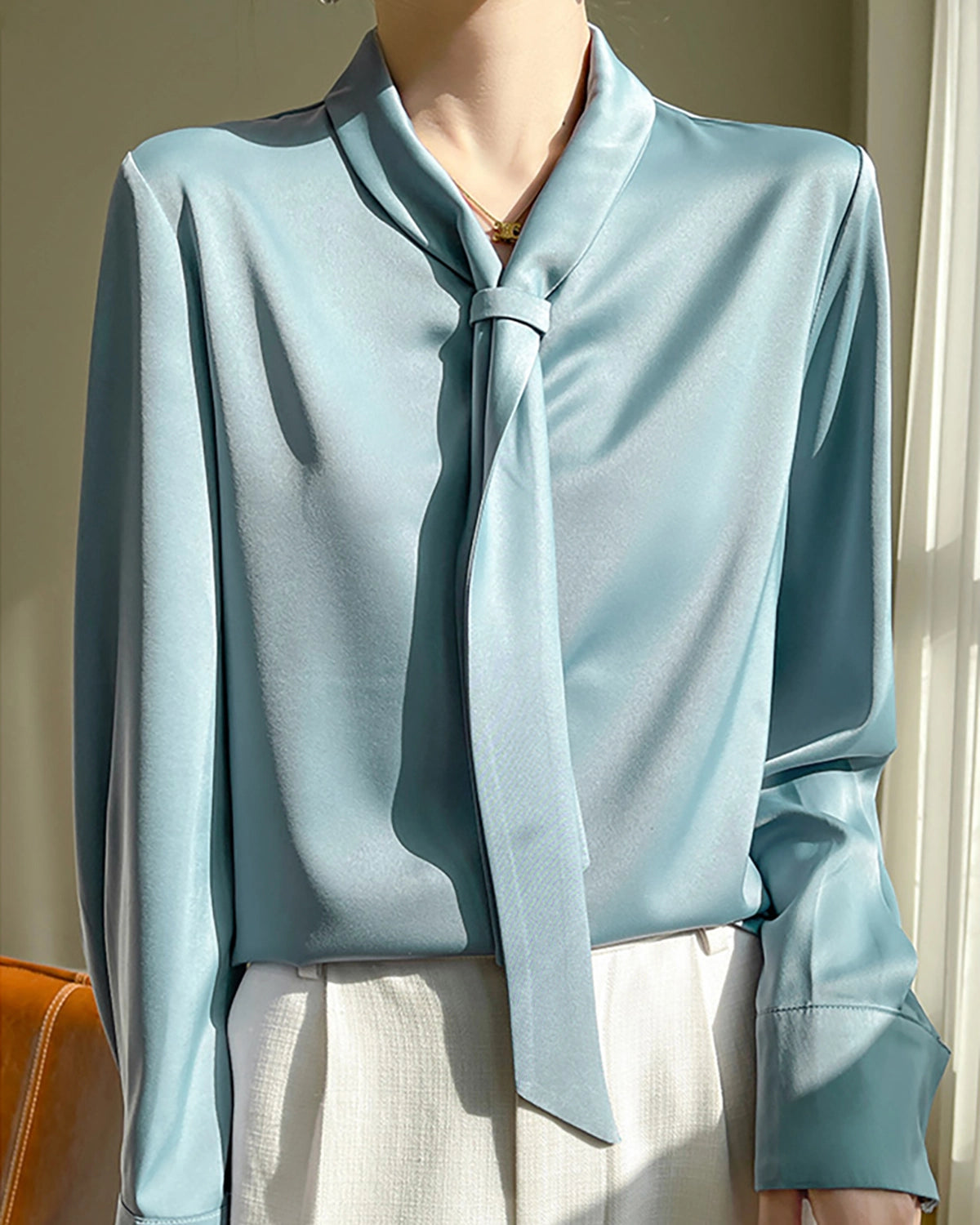 Elegant V-Neck Tie Front Silk Blouse for Women - Luxurious & Breathable - Perfect for Office, Date Night & Special Occasions