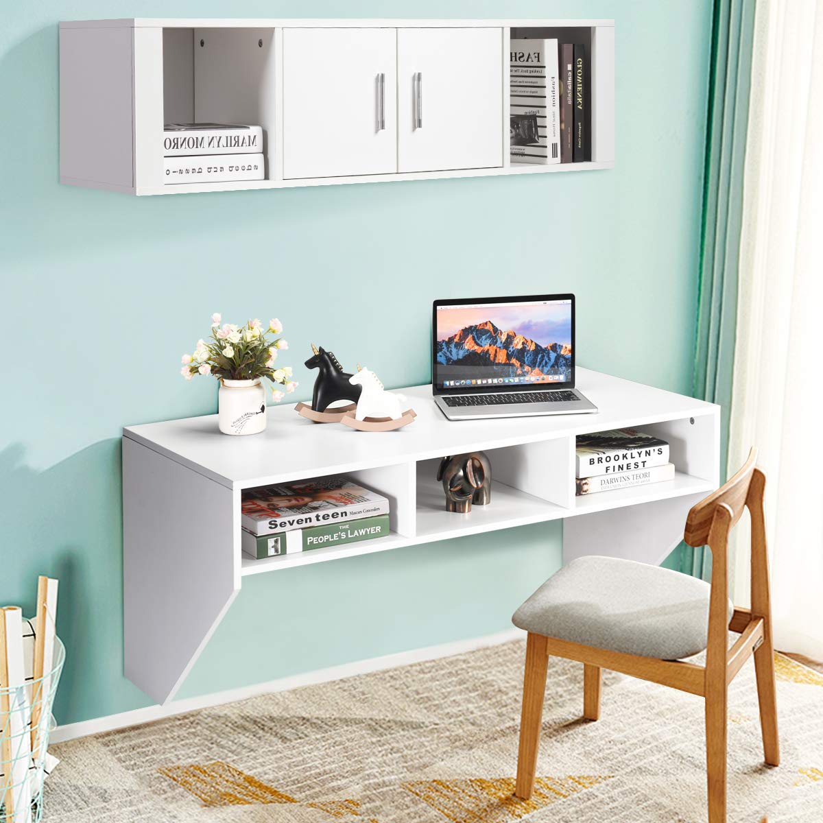 Giantex Wall Mounted Storage Cabinet with Floating Computer Desk & Shelves - Space Saving Furniture for Living Room, Bedroom, Office, TV Media Console - Perfect for Small Spaces & Home Organization