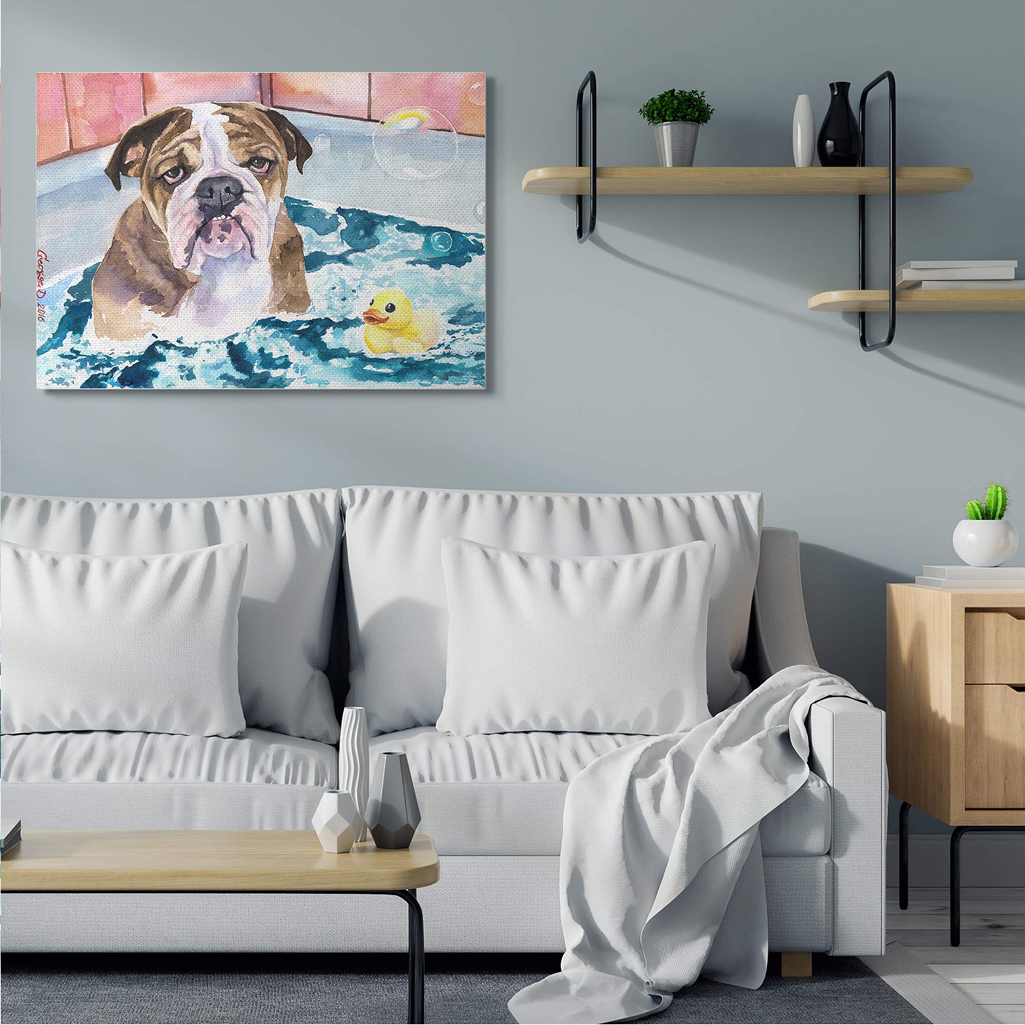 Stupell Industries English Bulldog in Bathtub with Rubber Duck & Bubbles Canvas Wall Art - 36x48 Inch Blue Home Decor - Perfect for Bathroom, Nursery & Kids Room Decor