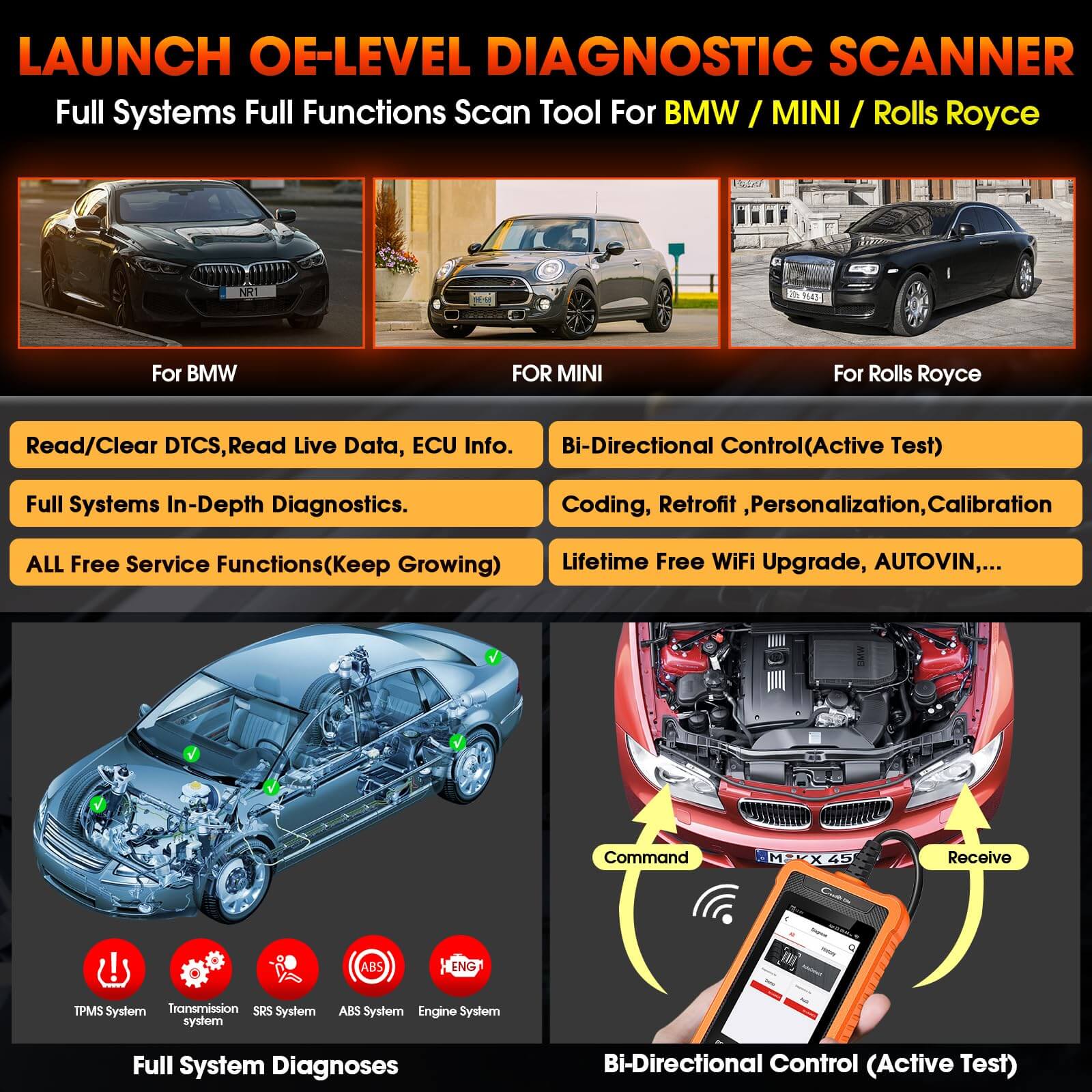 LAUNCH X431 Creader Elite OBD2 Scanner for BMW - Bi-Directional Diagnostic Tool with ABS, SRS, DPF & Oil Reset - Code Reader for Mini & Rolls Royce - Professional Car Diagnostic Scanner for Mechanics & DIY Auto Repair