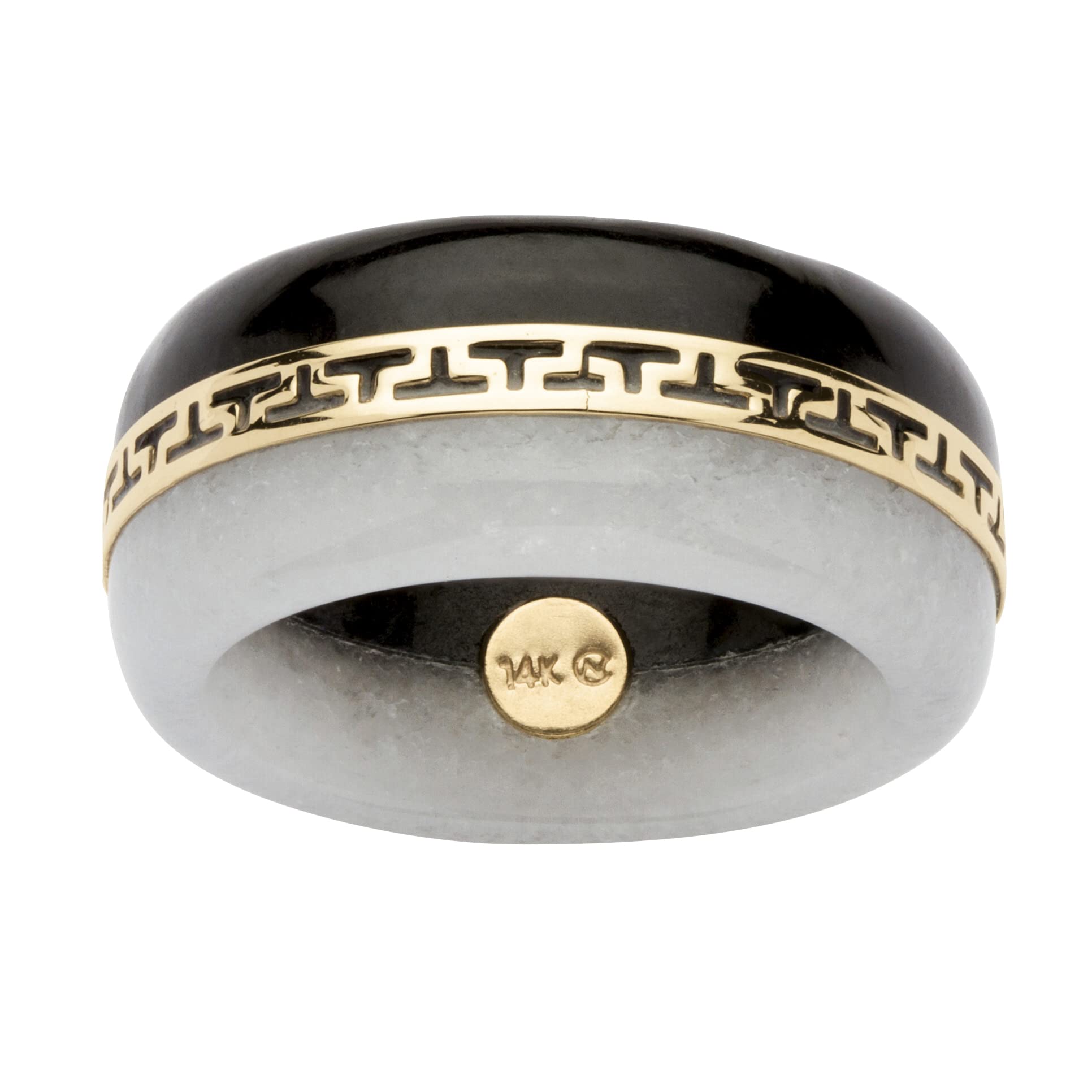 14K Yellow Gold Round Genuine Black and White Jade Greek Key Ring - Elegant Jewelry for Women, Perfect for Gifts, Weddings & Special Occasions
