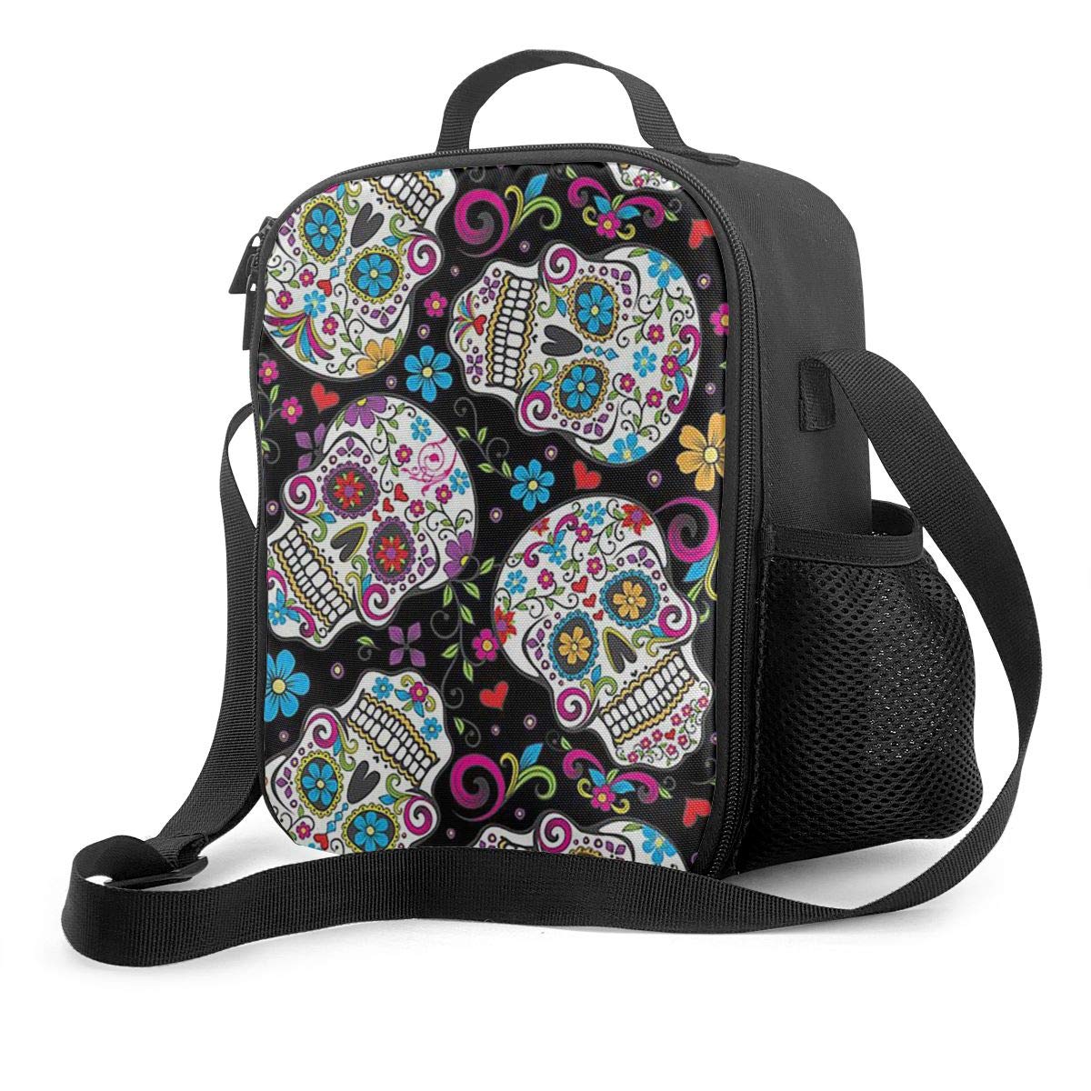 Insulated Flower Sugar Skull Lunch Bag - Large Thermal Lunch Box with Wide Opening & Drinks Holder - Durable Cooler Tote for Women, Men, Adults - Perfect for College, Work, Picnic, Hiking, Beach & Fishing Trips