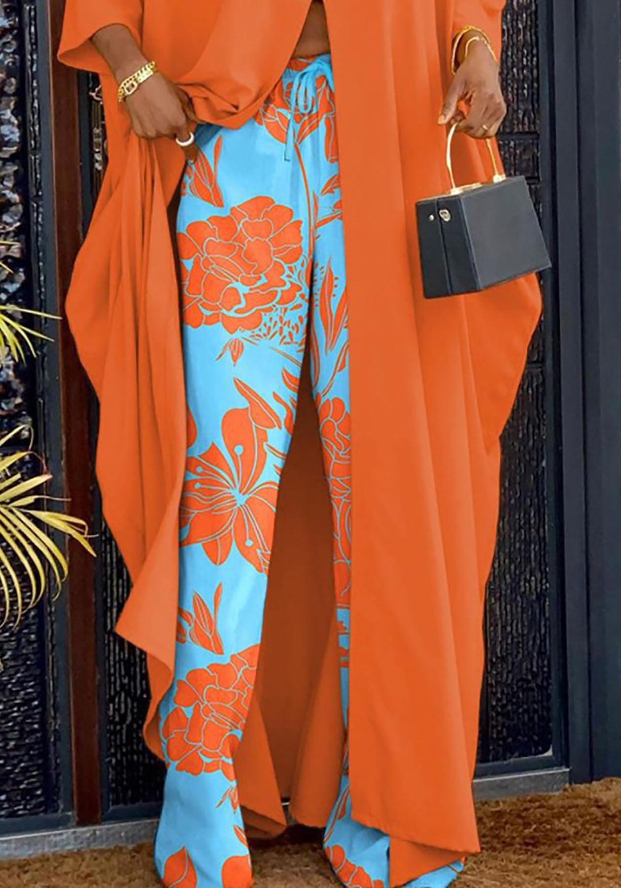 2 Piece Sets for Women - African Print Button V Neck Long Split Caftan Top with Wide Leg Pants - Plus Size Outfit for Beach Vacation, Summer Party & Casual Wear
