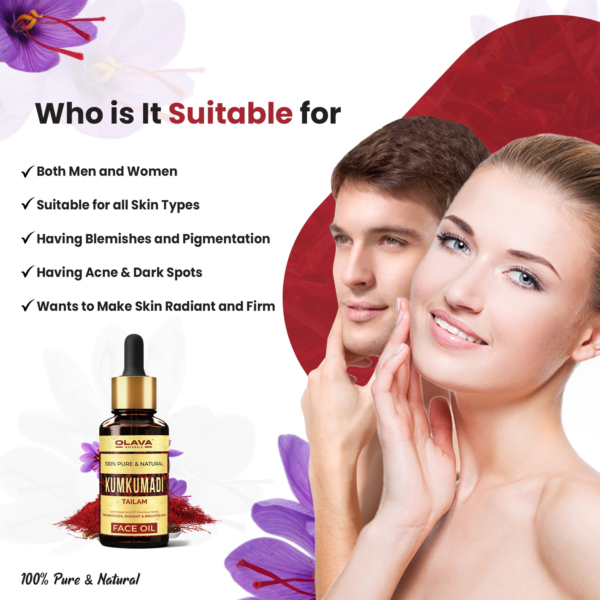 Olava Naturals Kumkumadi Tailam Face Oil - 100% Pure Ayurvedic Treatment for Glowing Skin, Blemishes & Pigmentation | 28 Natural Ingredients | 10ml Bottle | Perfect for Nighttime Skincare & Anti-Aging Routine