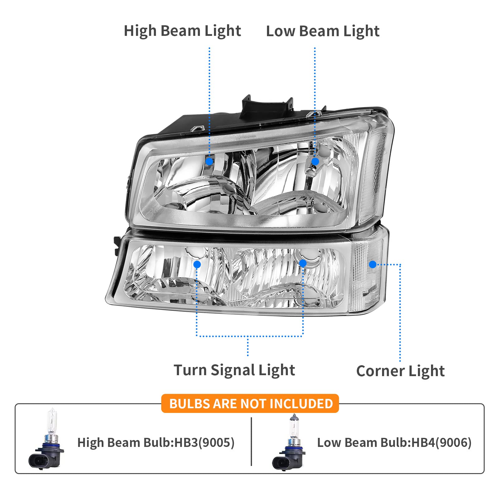 DWVO Headlights and Tail Lights Assembly Compatible with 2003-2006 Chevy Silverado 1500/2500HD, 2003-2004 Silverado 2500, 2004-2006 Silverado 3500, 2007 Silverado Classic - Chrome Housing Headlight & Taillight Combo Kit for Enhanced Visibility and Style