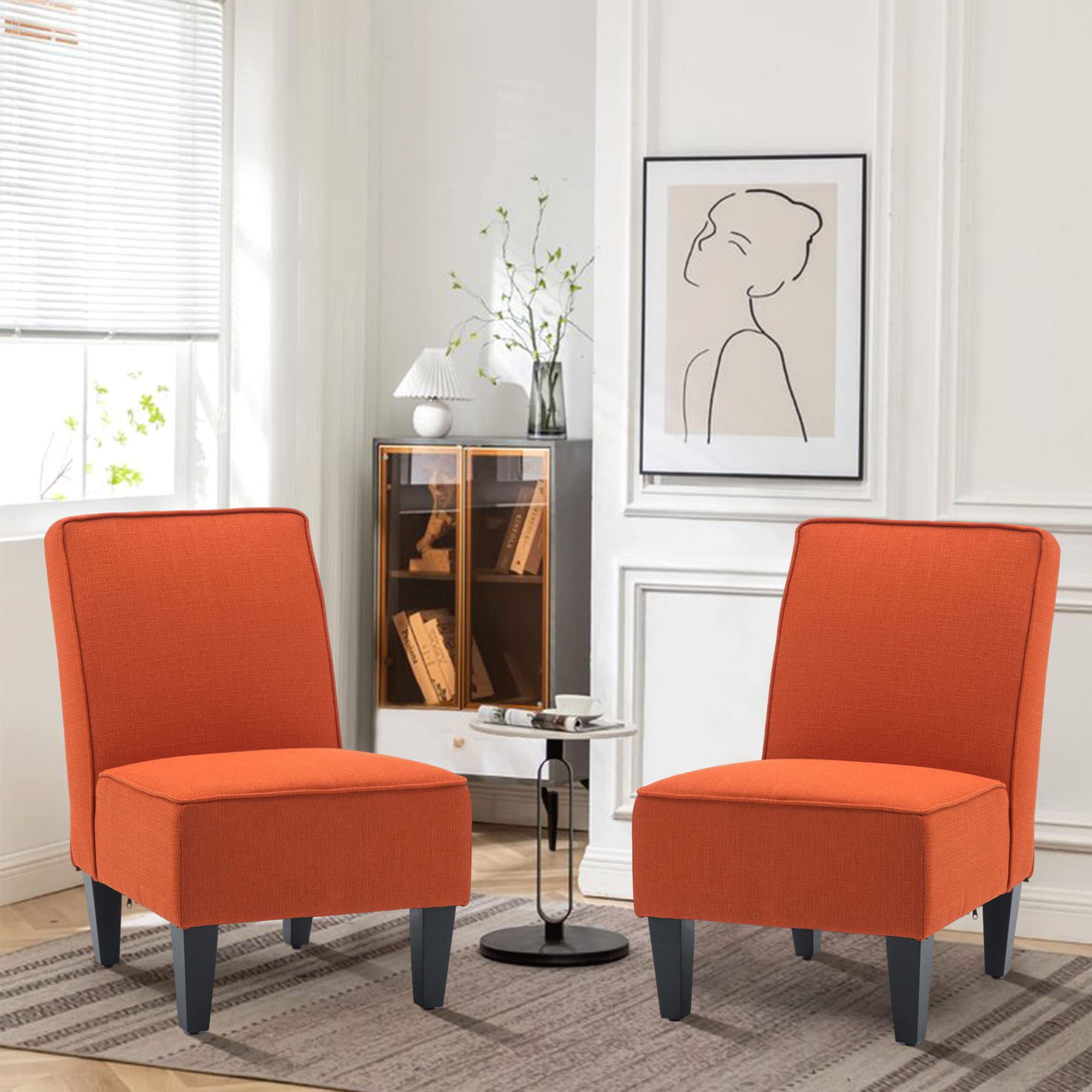 Yongqiang Upholstered Accent Chairs Set of 2 - Armless Side Chairs for Living Room, Bedroom, Office - Orange Fabric Slipper Chairs - Perfect for Small Spaces, Reading Nooks & Guest Seating