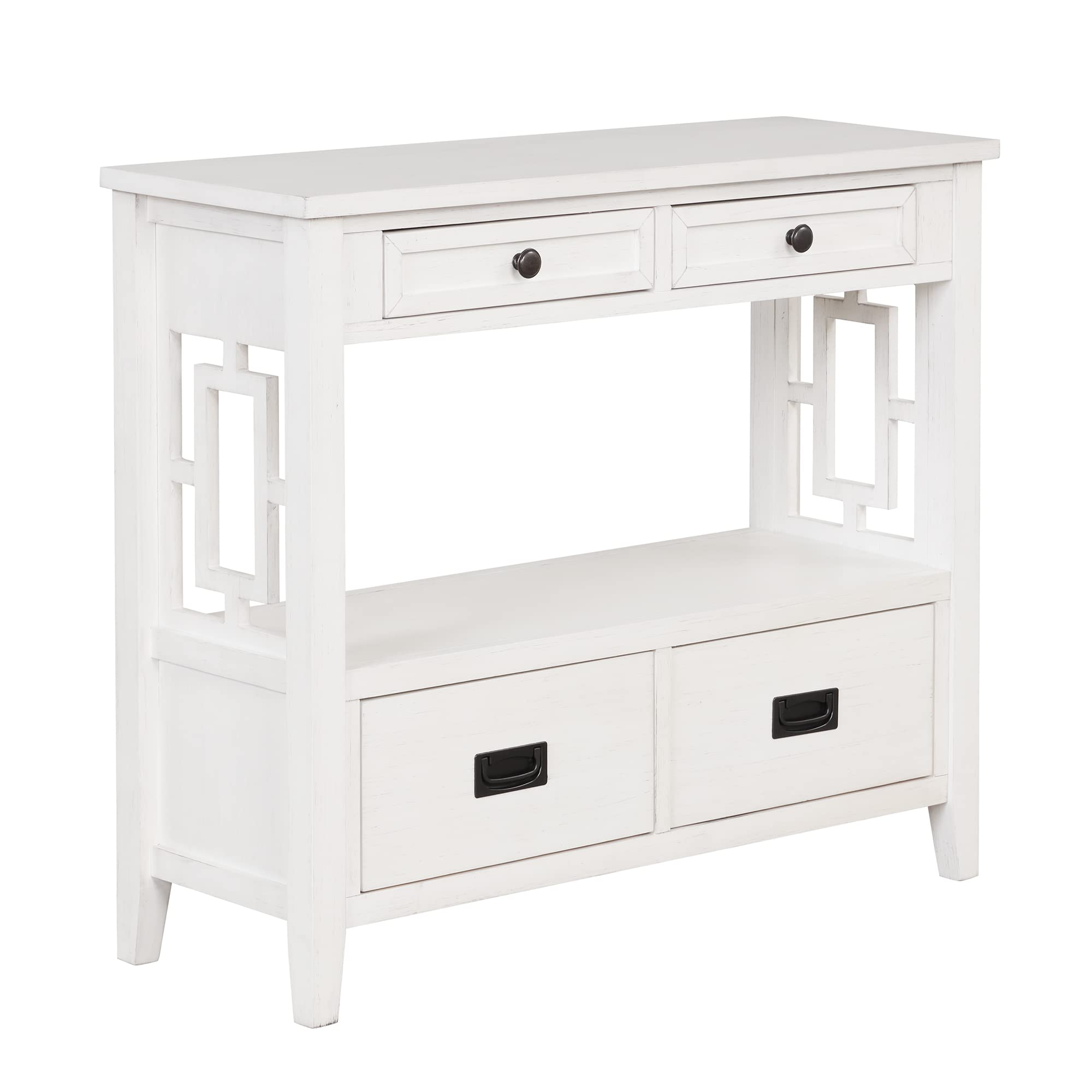 P PURLOVE Wooden Sofa Table Console Table with 4 Storage Drawers & 1 Shelf - Entryway, Living Room, Hallway, Bedroom Furniture - Antique White Finish for Home Decor & Organization