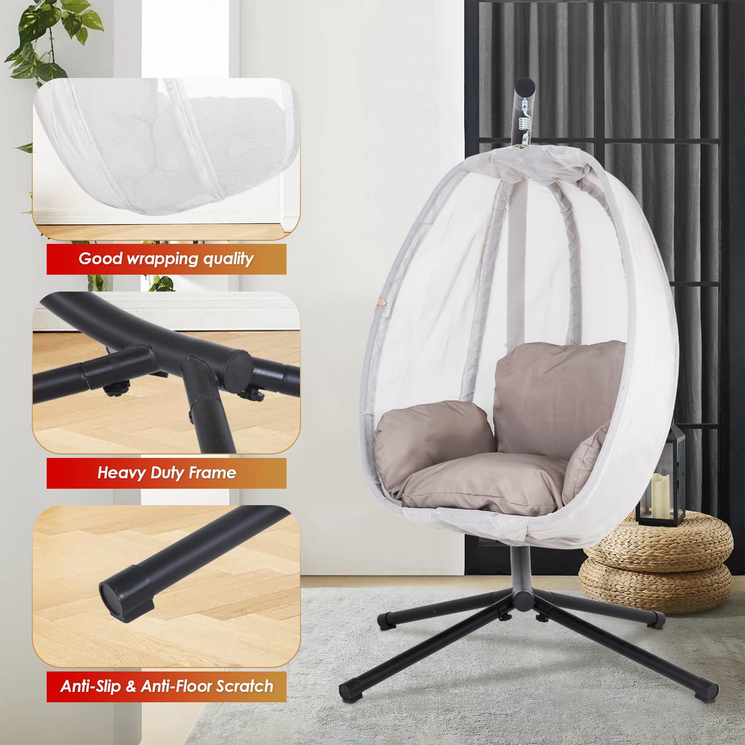 Comfy Egg Hanging Chair with Stand - Heavy Duty Indoor/Outdoor Hammock Chair with Breathable Fabric & Cushions - Perfect for Patio, Bedroom, Garden, Poolside Relaxation - Grey