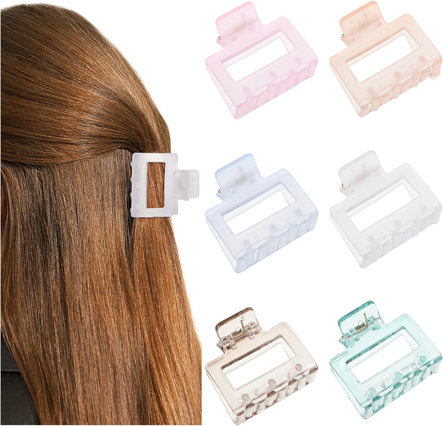 Bakefy 6-Piece Small Square Hair Claw Clips for Women & Girls - Transparent Non-Slip Strong Hold Hair Clips for Thick & Thin Hair - Perfect for School, Work, Travel & Everyday Hairstyles