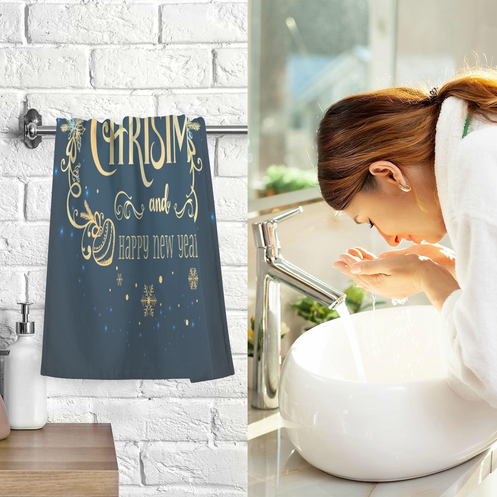 Christmas Blue Snowflake Cotton Hand Towel Set of 2 - Ultra Absorbent Soft Bath & Kitchen Towels (16x28 Inch) for Home, Hotel, Gym & Spa - Perfect for Holiday Decor & Guest Hand Towels