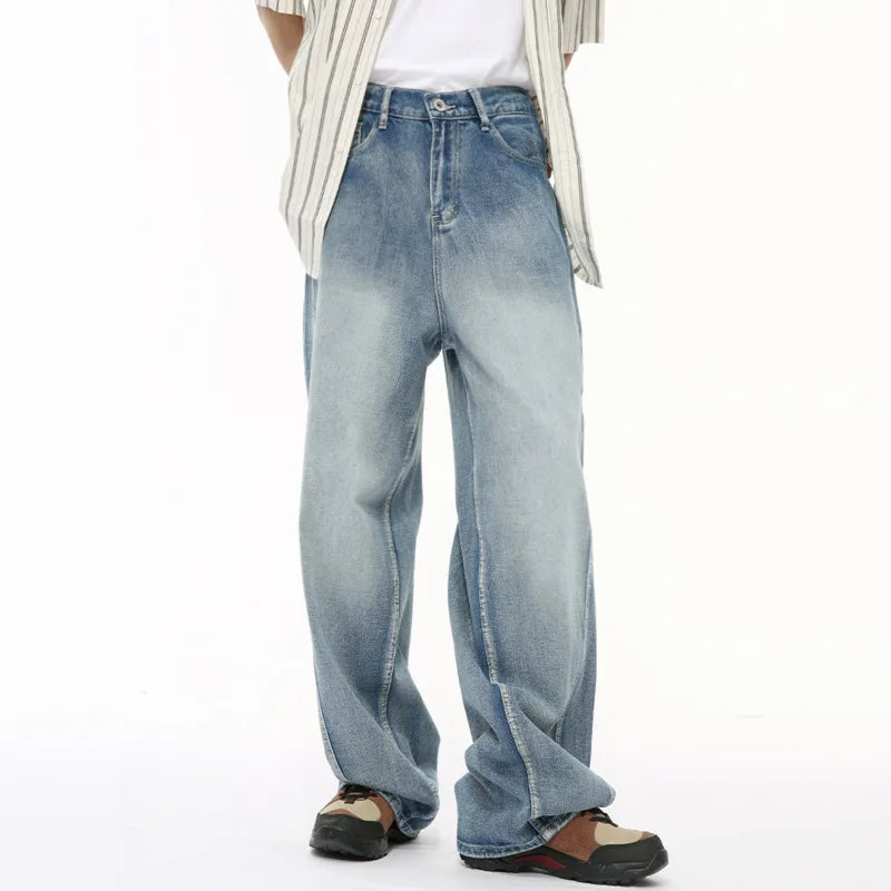 American Style Men's Denim Pants - Casual Multi-Level Patchwork Straight Leg Loose Fit Wide Leg Male Jeans (Chic 9C6432) | Perfect for Streetwear, Casual Outings & Urban Fashion