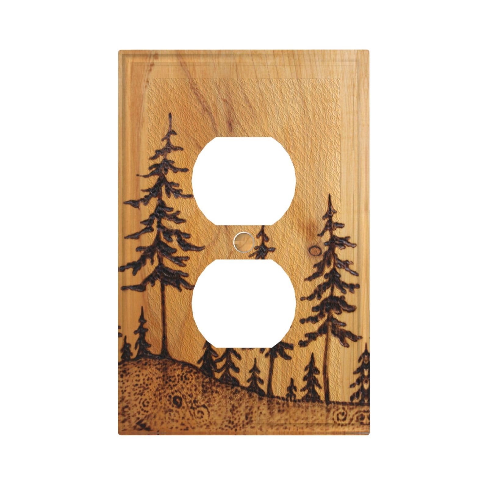 Rustic Wood Pine Tree Print Duplex Outlet Covers - Decorative Farmhouse Light Switch Plates, Standard Size 4.5
