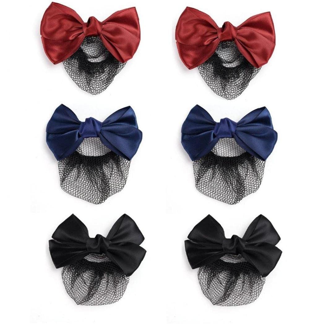 6pcs Satin Bow Hair Net Barrette - Flight Attendant Ribbon Hair Clip & Bun Cover - Women's Hair Accessories for Work, Wedding, Party (Mixed Color, 5.12x3.94inch)
