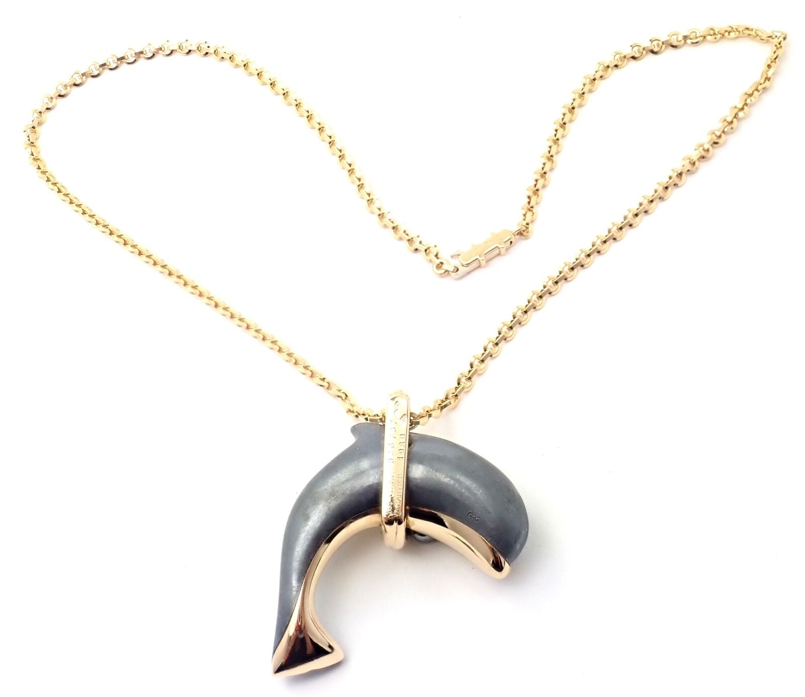Authentic Cartier 18k Yellow Gold Hematite Dolphin Pendant Necklace - Luxury Jewelry Gift for Women, Perfect for Anniversary, Birthday & Special Occasions