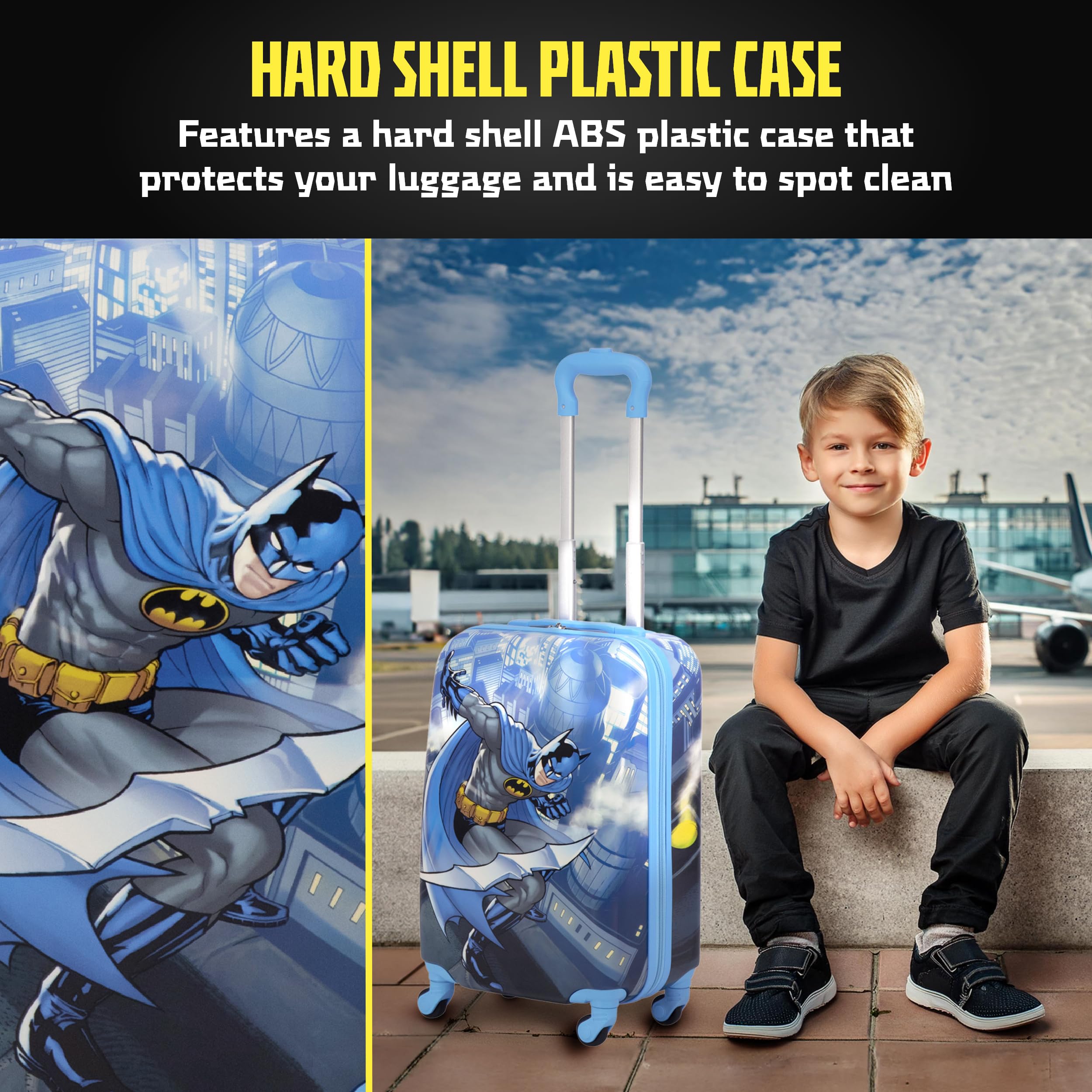 DC Comics Batman 21 Inch Hardshell Rolling Carry-On Luggage for Kids - Unisex Blue Spinner Suitcase with Wheels | Perfect for Air Travel, School Trips & Family Vacations
