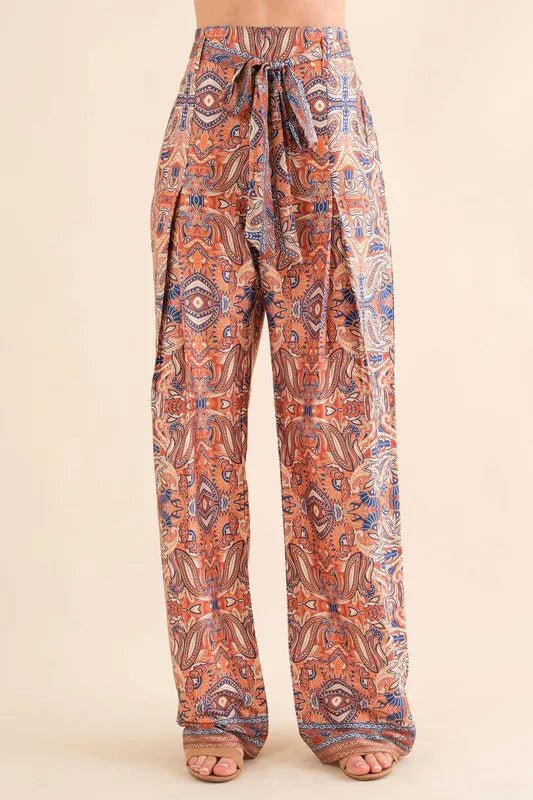 Women's Satin Paisley Print High-Waist Ribbon Pants - Elegant Lounge Pants for Home, Office & Special Occasions