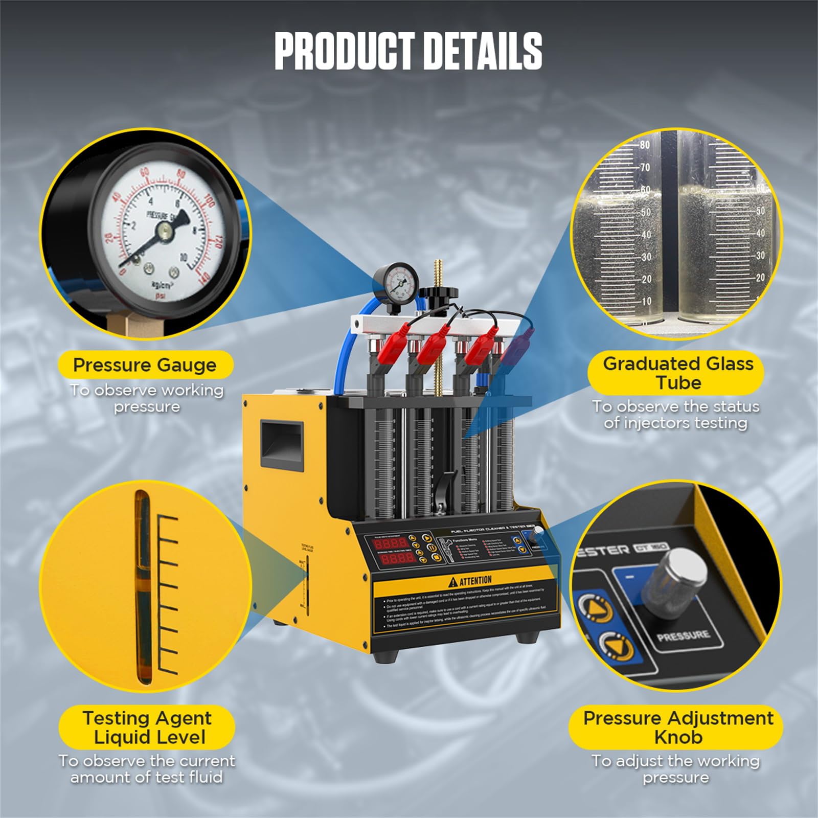 Fuel Injector Cleaner Tester CT160 - Heated Injection System Cleaner for 4-Cylinder Petrol Engines | Nozzle Cleaner with Atomization Observation, Injection Volume & Tightness Testing (110V/220V) | Perfect for Automotive Repair Shops & DIY Maintenance