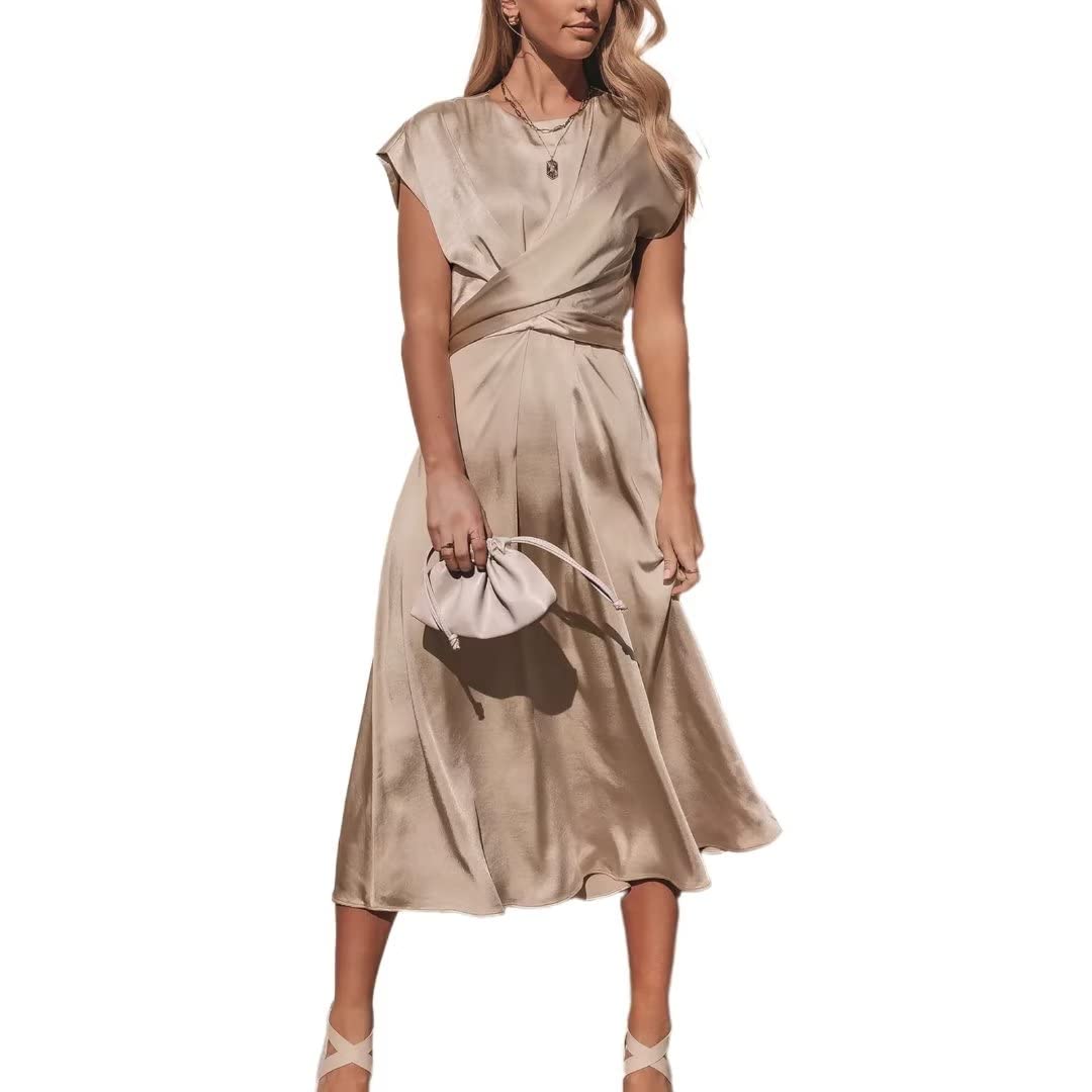 Elegant Satin Midi Dress for Women - 2025 Summer & Spring Wedding Guest Dress with Sleeve Tie Waist | Perfect for Garden Parties, Bridal Showers & Formal Occasions