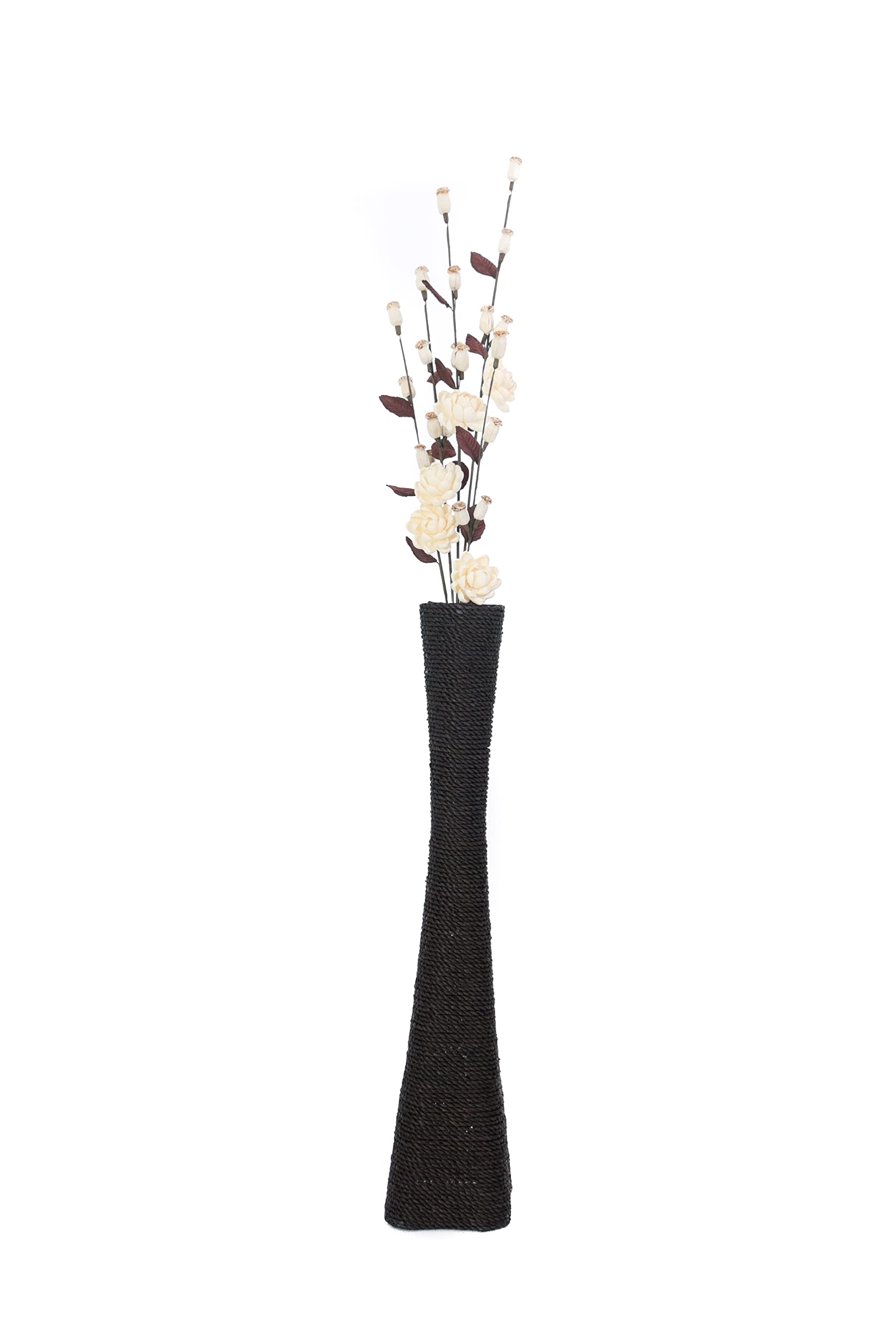 Leewadee 36-inch Large Black Floor Vase - Handmade Bamboo & Bast Flower Holder, Elegant Funnel Vessel for Decorative Branches - Perfect for Living Room Decor, Wedding Centerpieces & Boho Home Styling