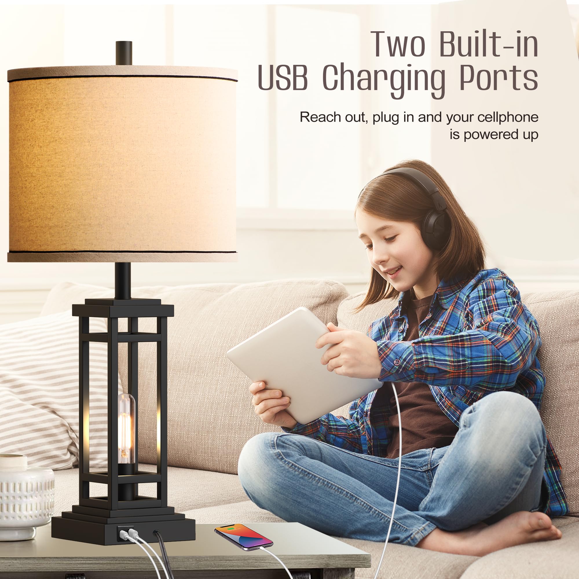 ROTTOGOON 27.5 Inch Tall Farmhouse Table Lamp with USB C & USB A Charging Ports - Rustic Industrial Black End Table Lamp for Bedroom, Living Room, Nightstand - Perfect for Reading, Charging Devices & Home Decor