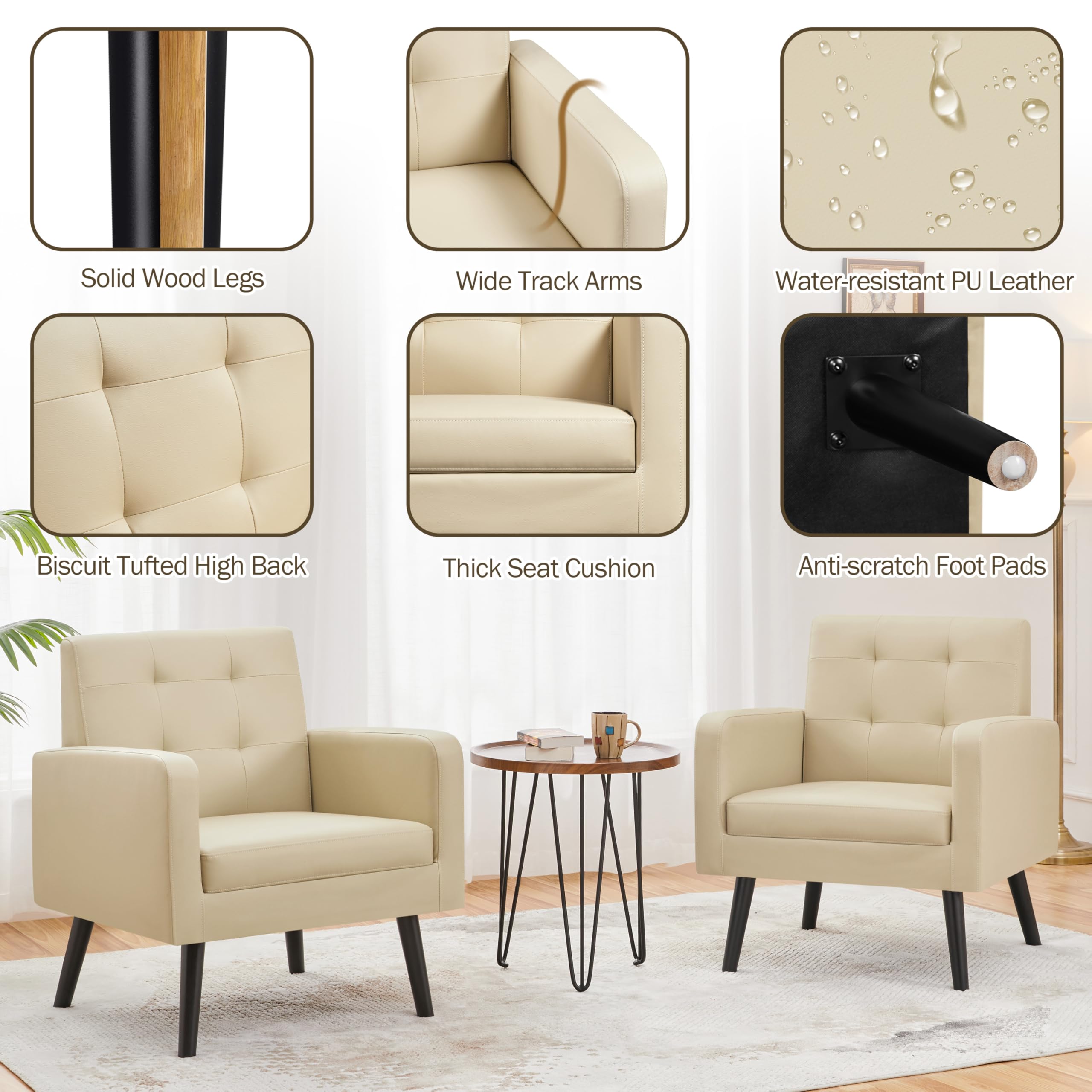 Yaheetech Mid-Century Modern Accent Chair - PU Leather Upholstered Armchair with Button Tufted Back & Wooden Legs for Living Room, Bedroom, Office or Cafe - Beige Home Decor for Relaxing & Stylish Seating