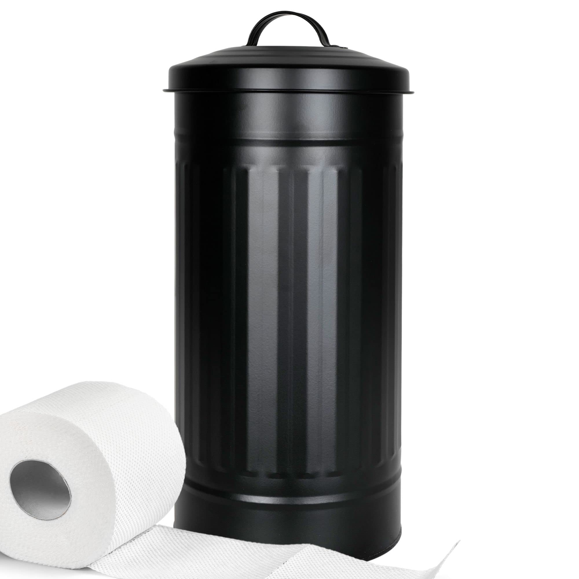 Rustproof Black Metal Toilet Paper Holder with Lid – Farmhouse Style Free-Standing Canister for Mega Rolls | Enclosed Bathroom Storage for Rustic & Modern Homes | Perfect for Guest Bathrooms, RV, and Farmhouse Decor