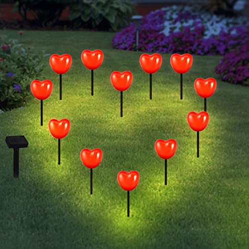 Heart Shaped Solar Pathway Lights - Waterproof Outdoor Garden Stake Lights for Valentine's Day Decor (Set of 1-12) | Perfect for Backyard, Patio, Lawn & Walkway Lighting at Night