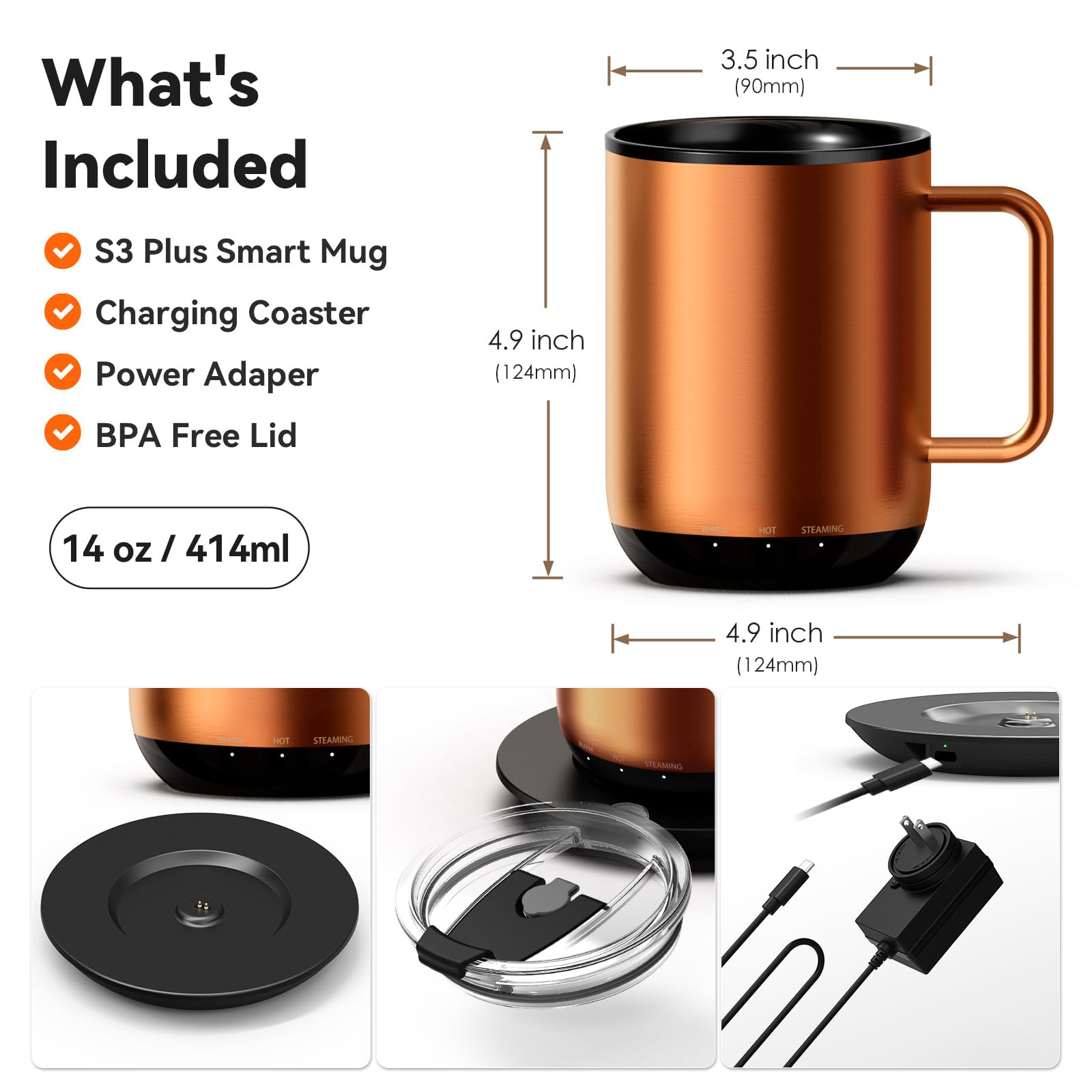 VSITOO Smart Self-Heating Coffee Mug with Temperature Control - 3 Heat Settings, App & Manual Control, 180 Min Battery Life, Fast Wireless Charging (140℉, Copper, 14oz) - Perfect for Office, Travel & Home Use