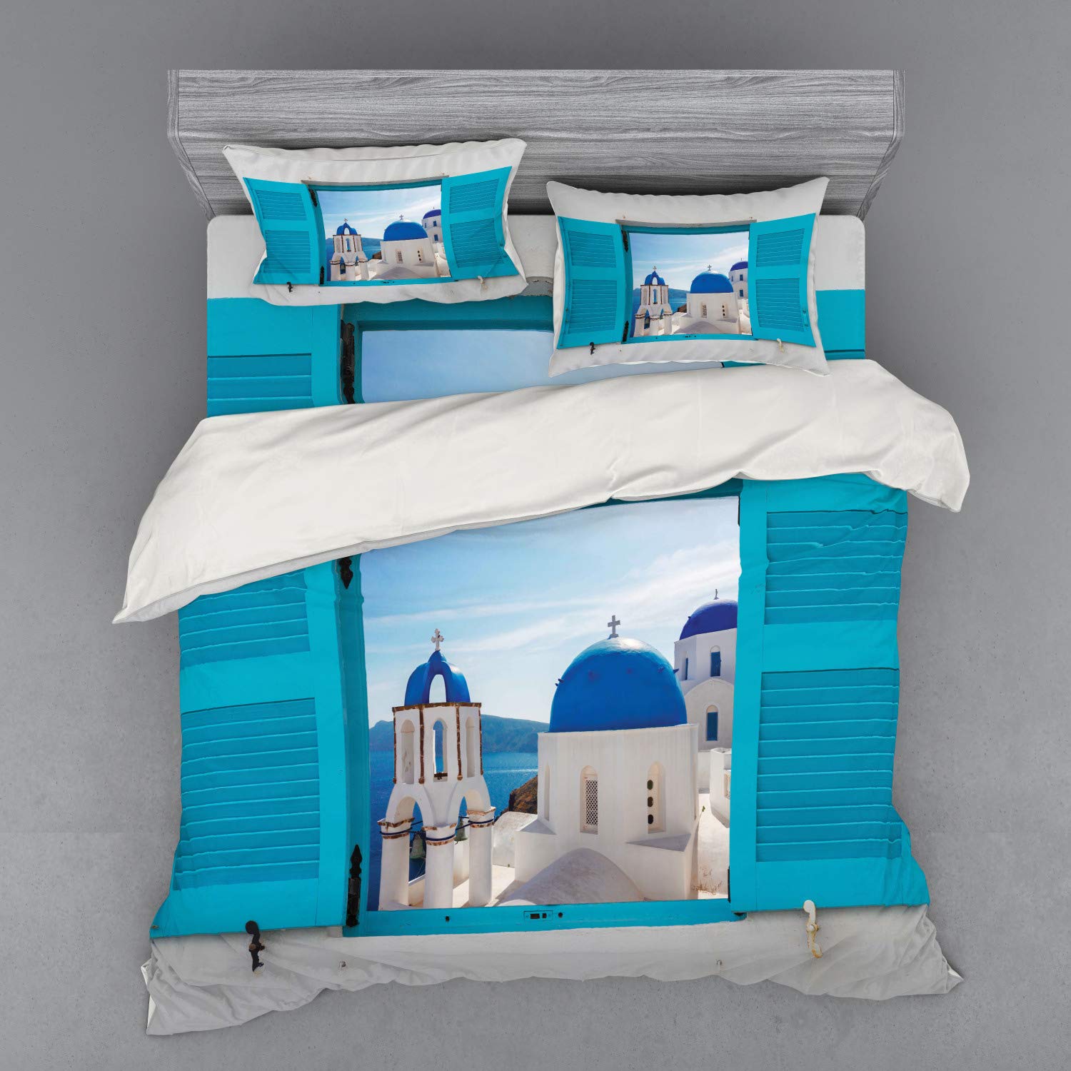 Ambesonne Landscape Bedding Set - Window View of Classical Greek Domes in Oia Santorini - 4 Piece Duvet Cover Set with Shams & Fitted Sheet - King Size Aqua Blue & White - Perfect for Mediterranean Themed Bedrooms & Vacation Home Decor