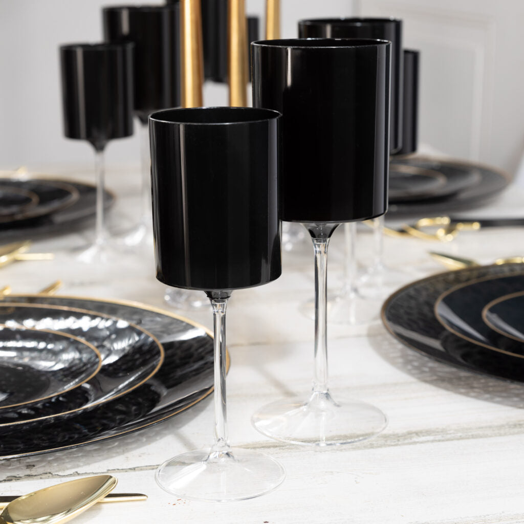 Elegant Two-Tone 14oz Black & Clear Plastic Wine Glasses - Set of 5 Shatterproof Cups for Outdoor Parties, Picnics, and BBQs