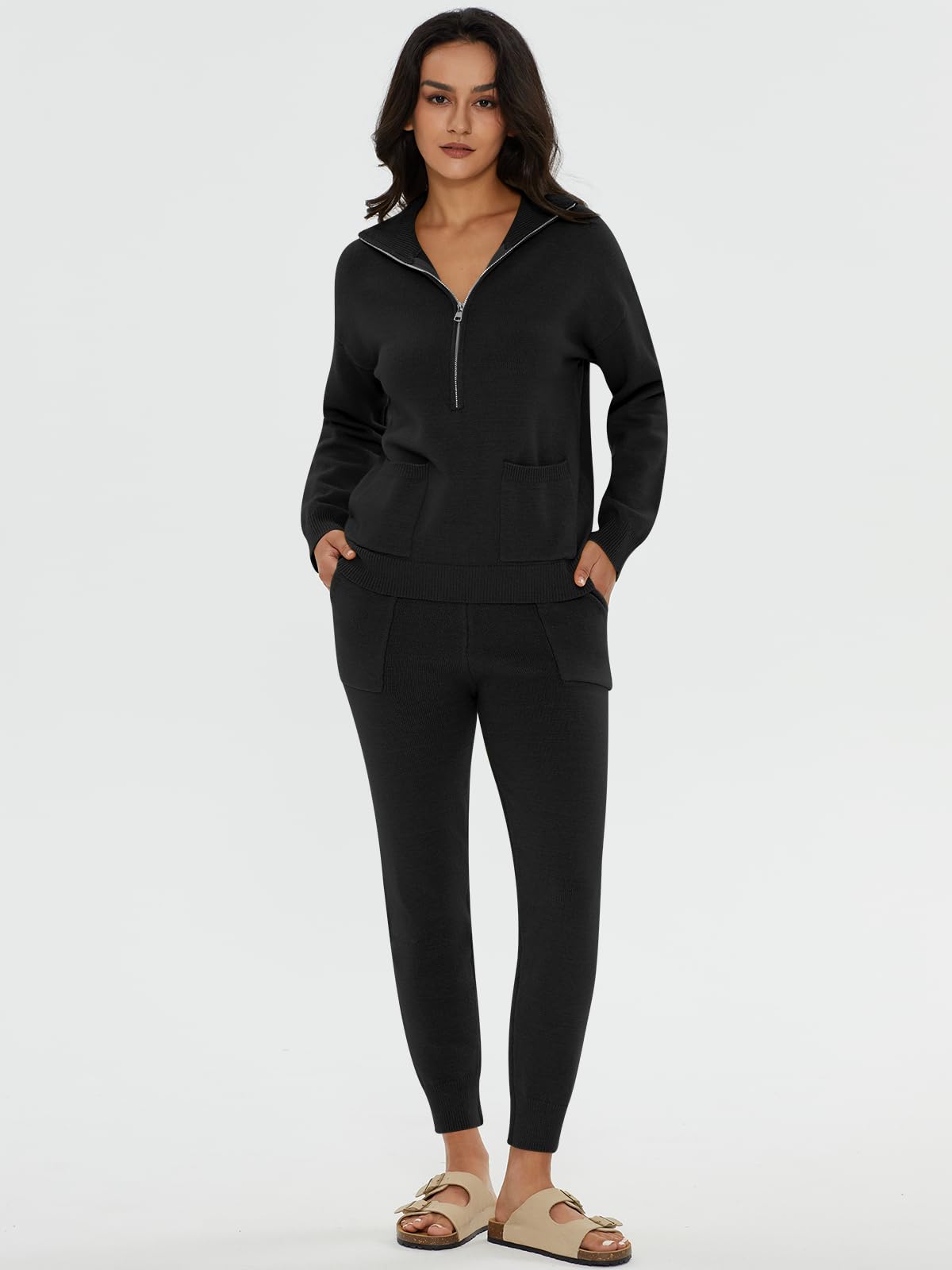DEEP SELF Women's 2-Piece Sweater Set - Long Sleeve Half Zip Pullover & Jogger Pants Lounge Outfit with Pockets | Cozy Winter Outfit, Casual Loungewear, Home & Office Wear