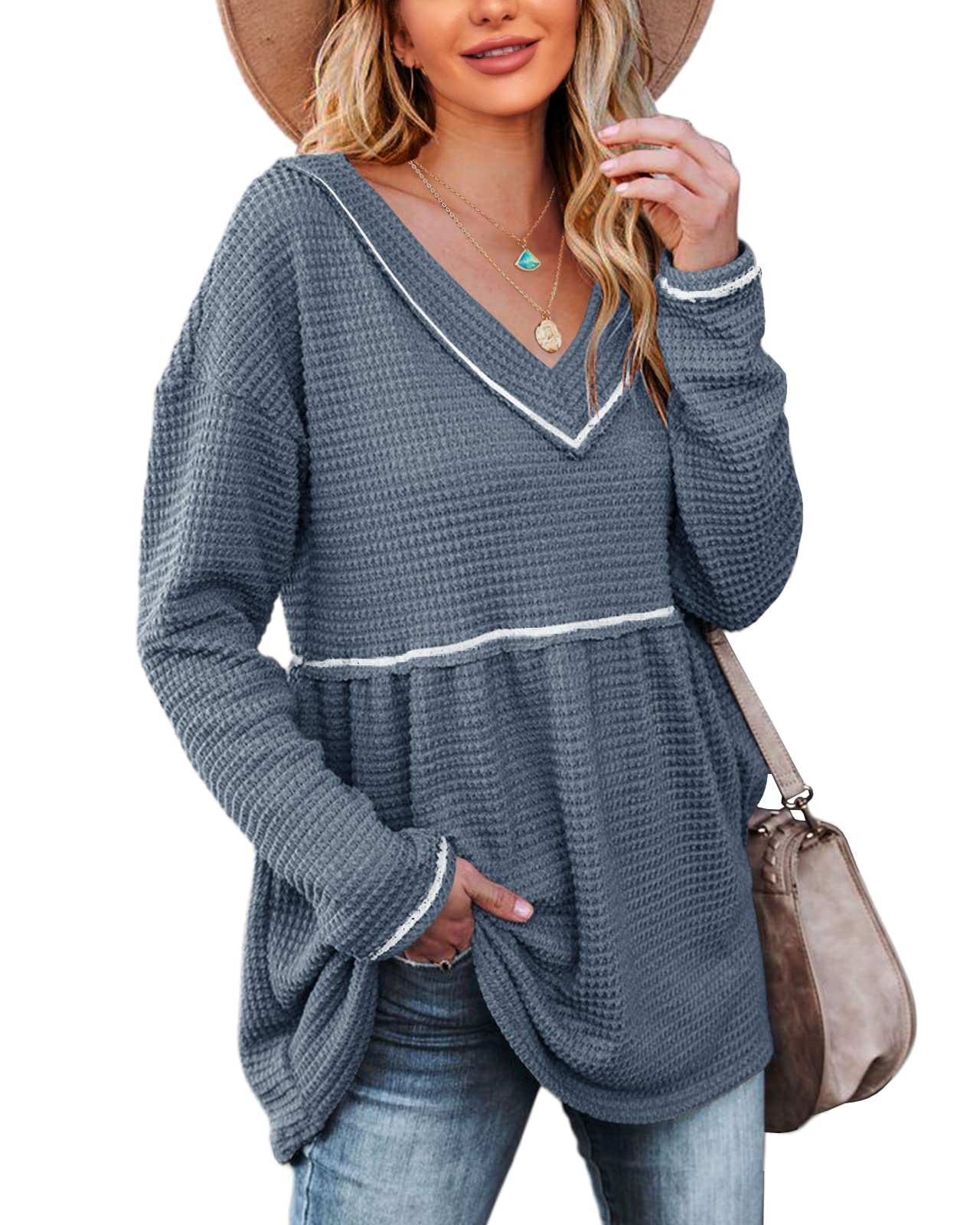 Chang Yun Women's V-Neck Waffle Knit Tunic Top - Long Sleeve Peplum Pullover Sweater | Casual Flowy Swing Tee for Work, Date Night & Everyday Wear
