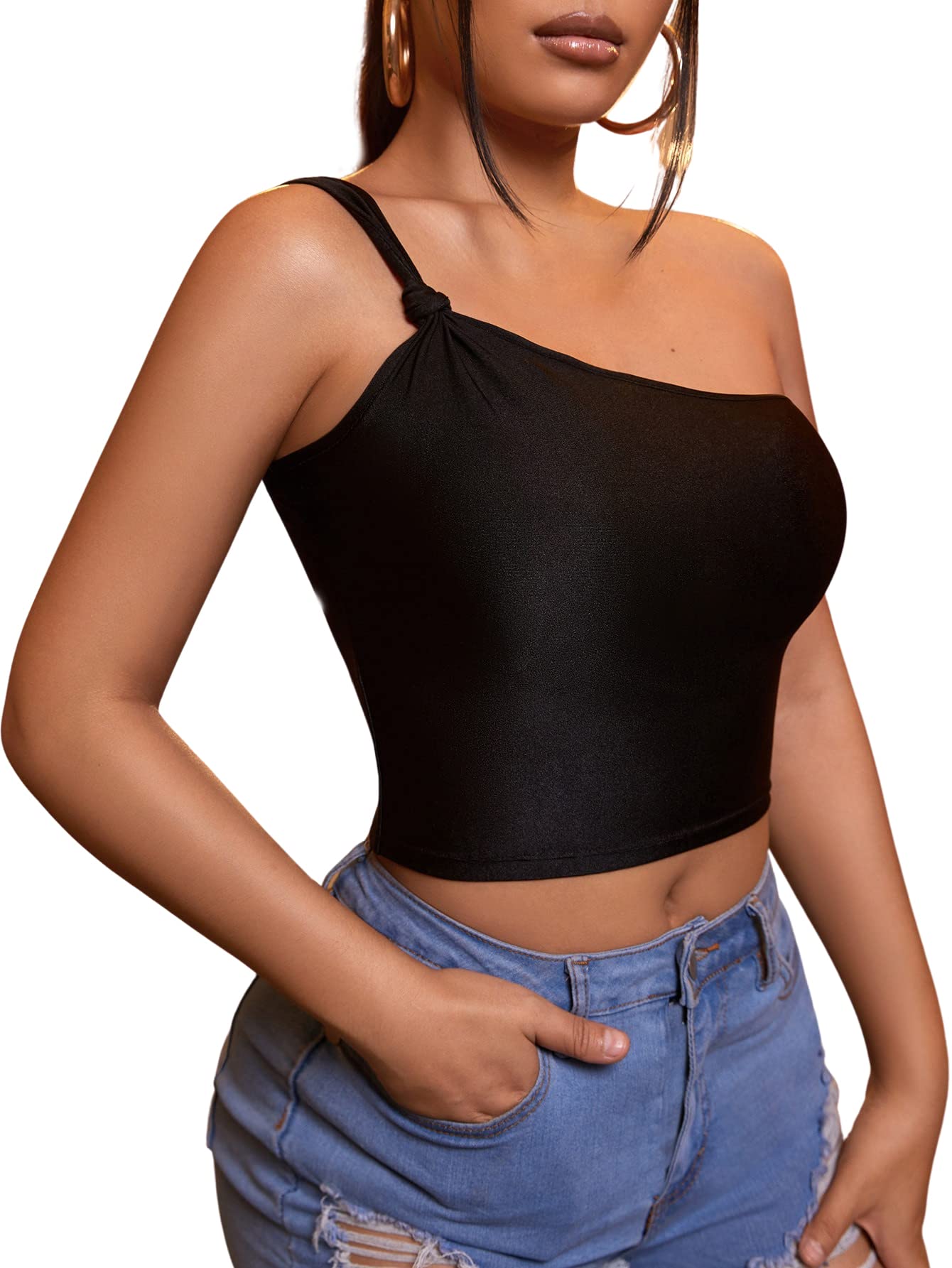 Milumia Women's Sexy One Shoulder Crop Top - Sleeveless Fitted Summer Blouse for Party, Club, Night Out, Beach & Date Night | Trendy Casual Fashion Top