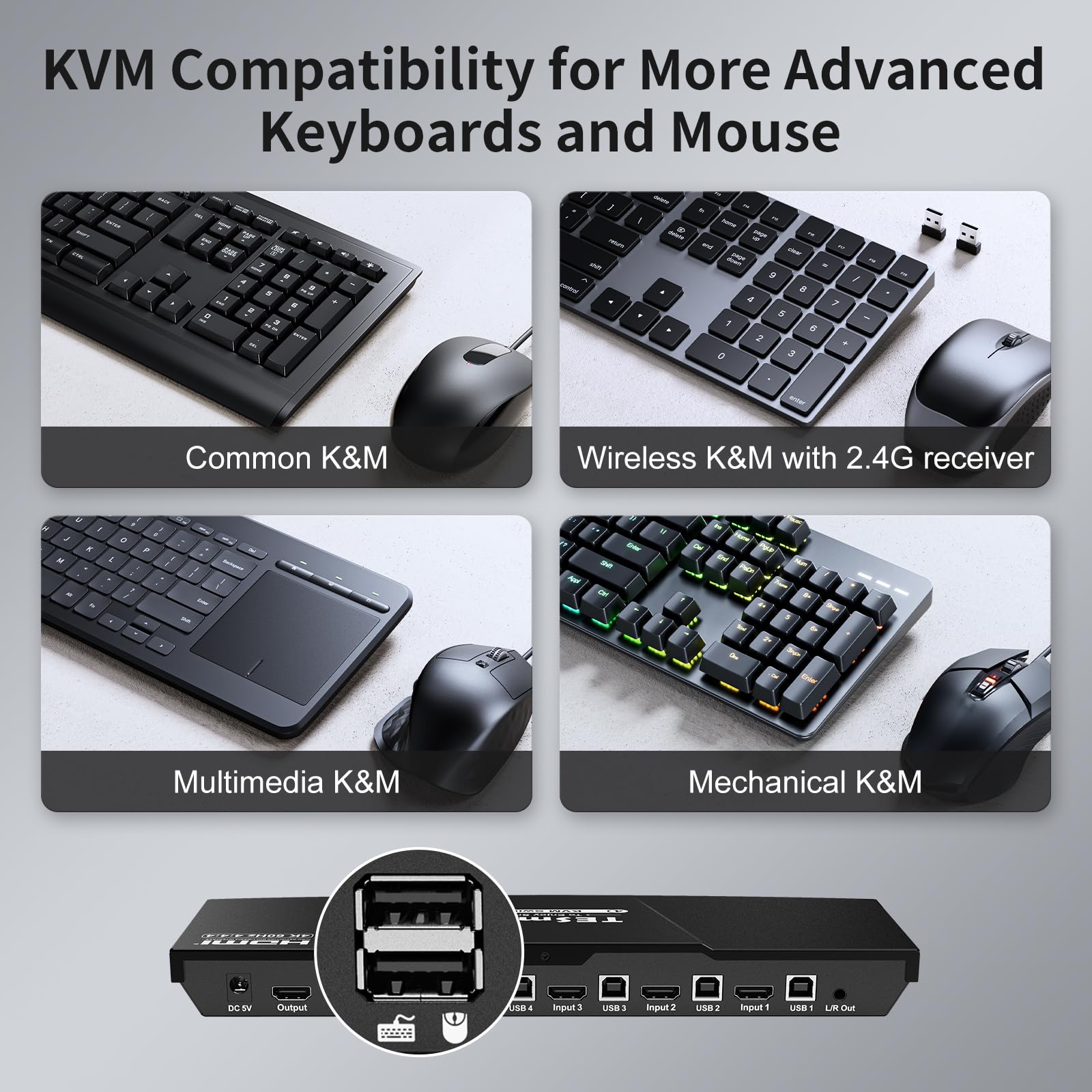 TESmart 4 Port HDMI KVM Switch - 4K@60Hz 4-in-1 Monitor Sharing for 4 Computers, EDID Emulator, USB 2.0 for Printer/Scanner, Audio Output with 1.5M Cables - Perfect for Home Office, Gaming Setup & Multi-PC Workstations