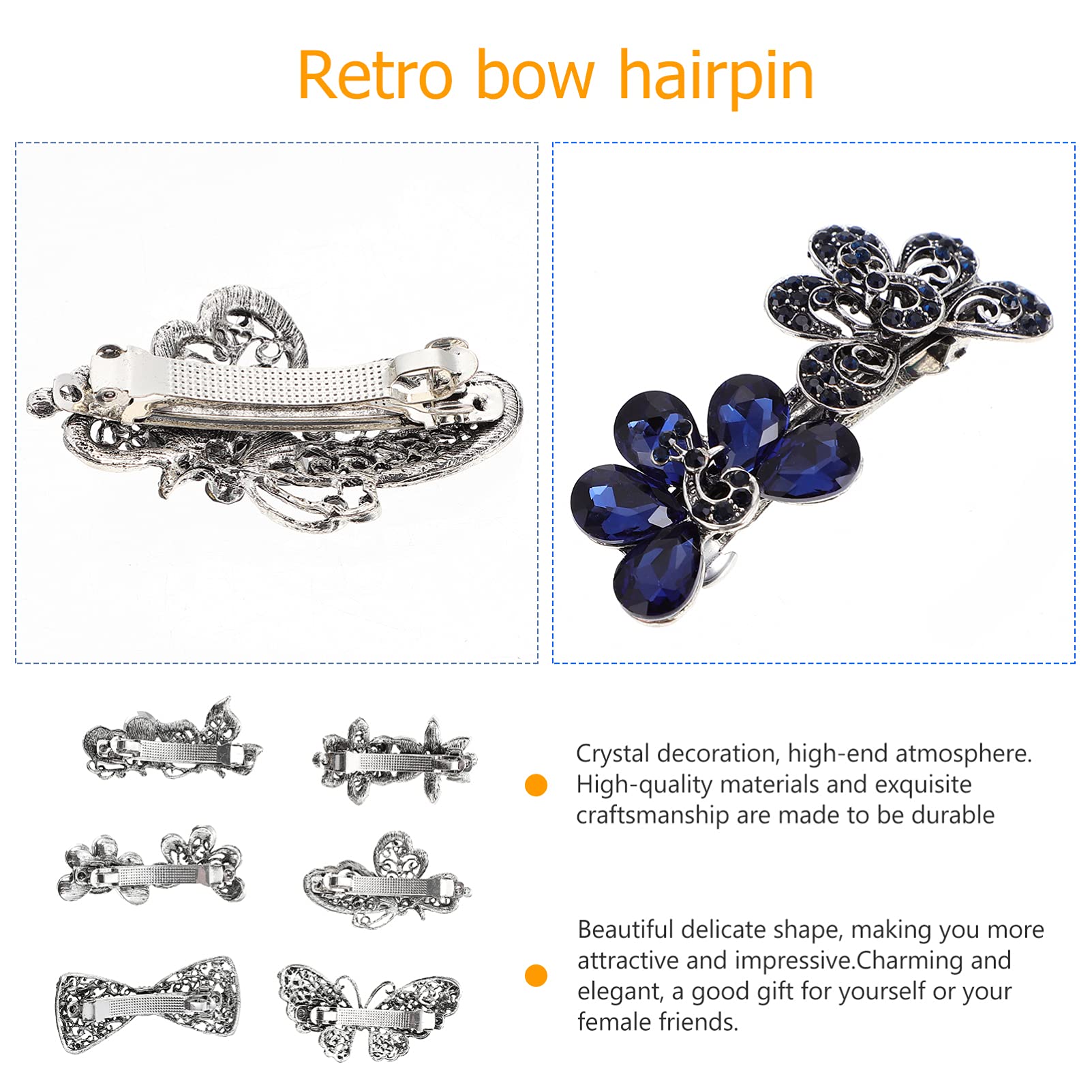 Beaupretty Crystal Rhinestones Hair Barrettes - 6pcs Vintage French Hair Clips with Butterfly Design for Women & Girls - Perfect for Bridal, Party, Prom, and Everyday Wear