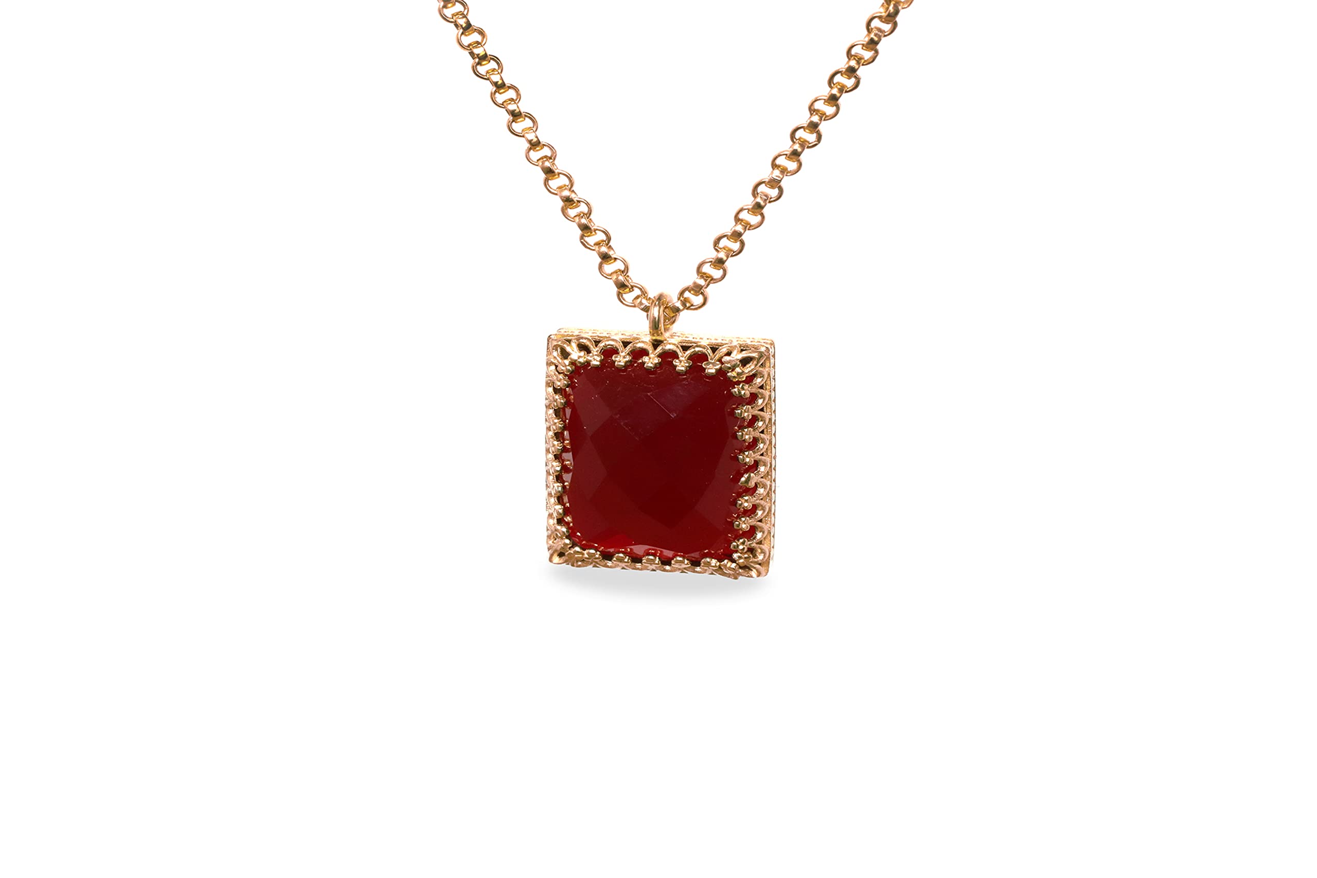 Radiant Garnet Gemstone Necklace - Elegant Square Cut Red Pendant Necklace for Women | January Birthstone Jewelry with Fine Engraving | Fashionable Statement Necklace for Date Night, Office Wear & Special Occasions